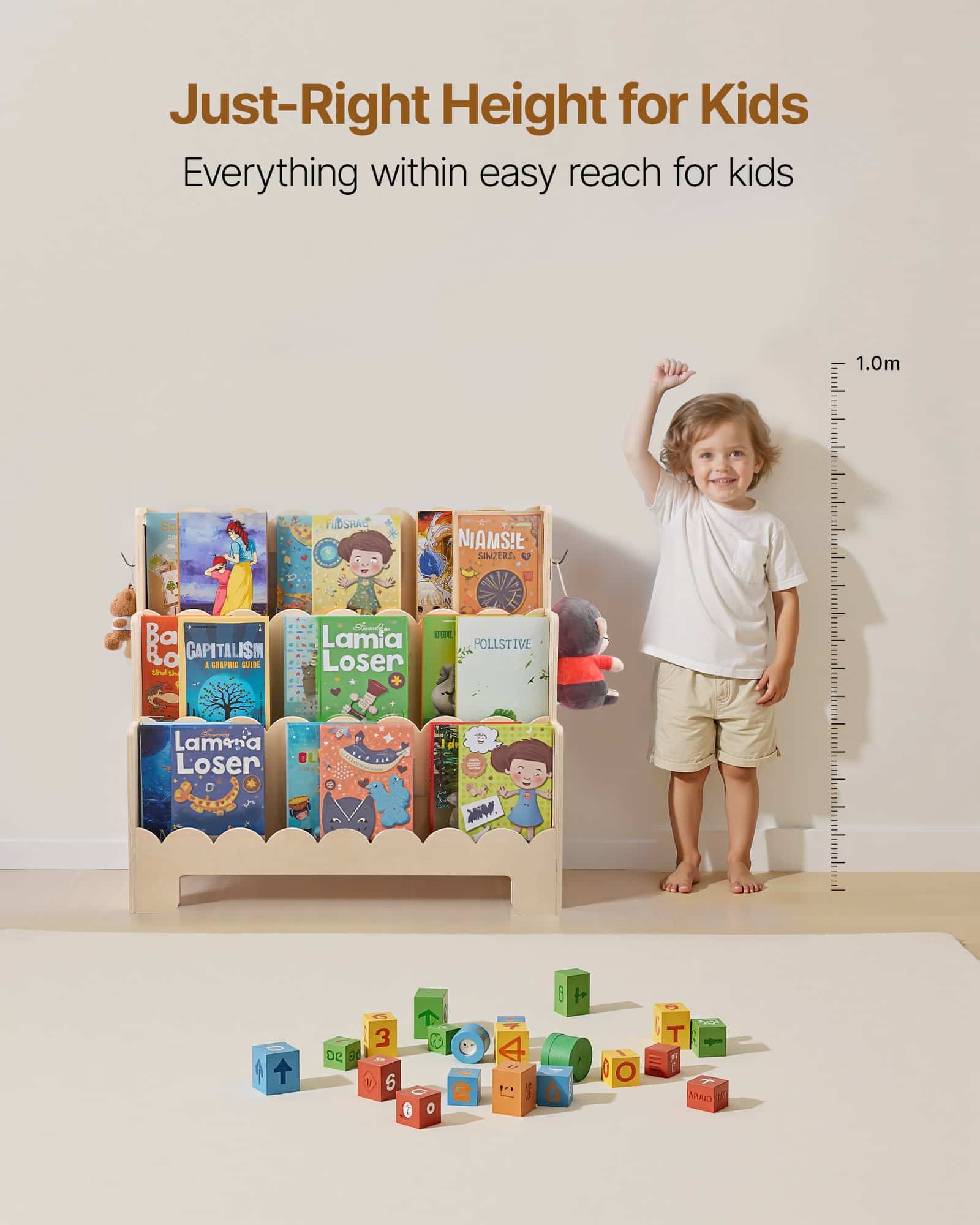VEVOR 3-Tier Montessori Kids Bookshelf with Scalloped Design and Hooks – Front-Facing Wooden Bookcase for Toddlers & Preschool - Зображення 5