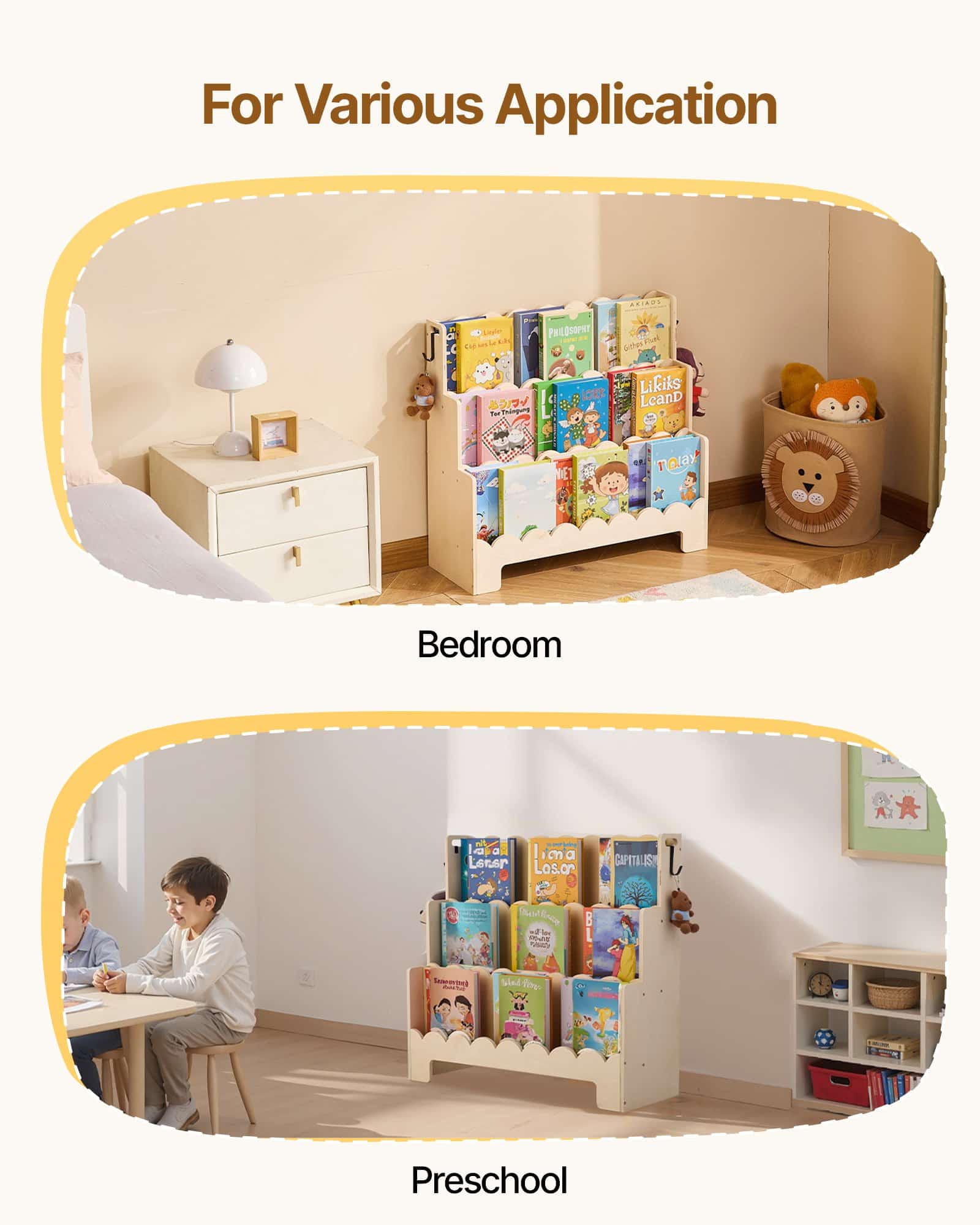 VEVOR 3-Tier Montessori Kids Bookshelf with Scalloped Design and Hooks – Front-Facing Wooden Bookcase for Toddlers & Preschool - Зображення 7