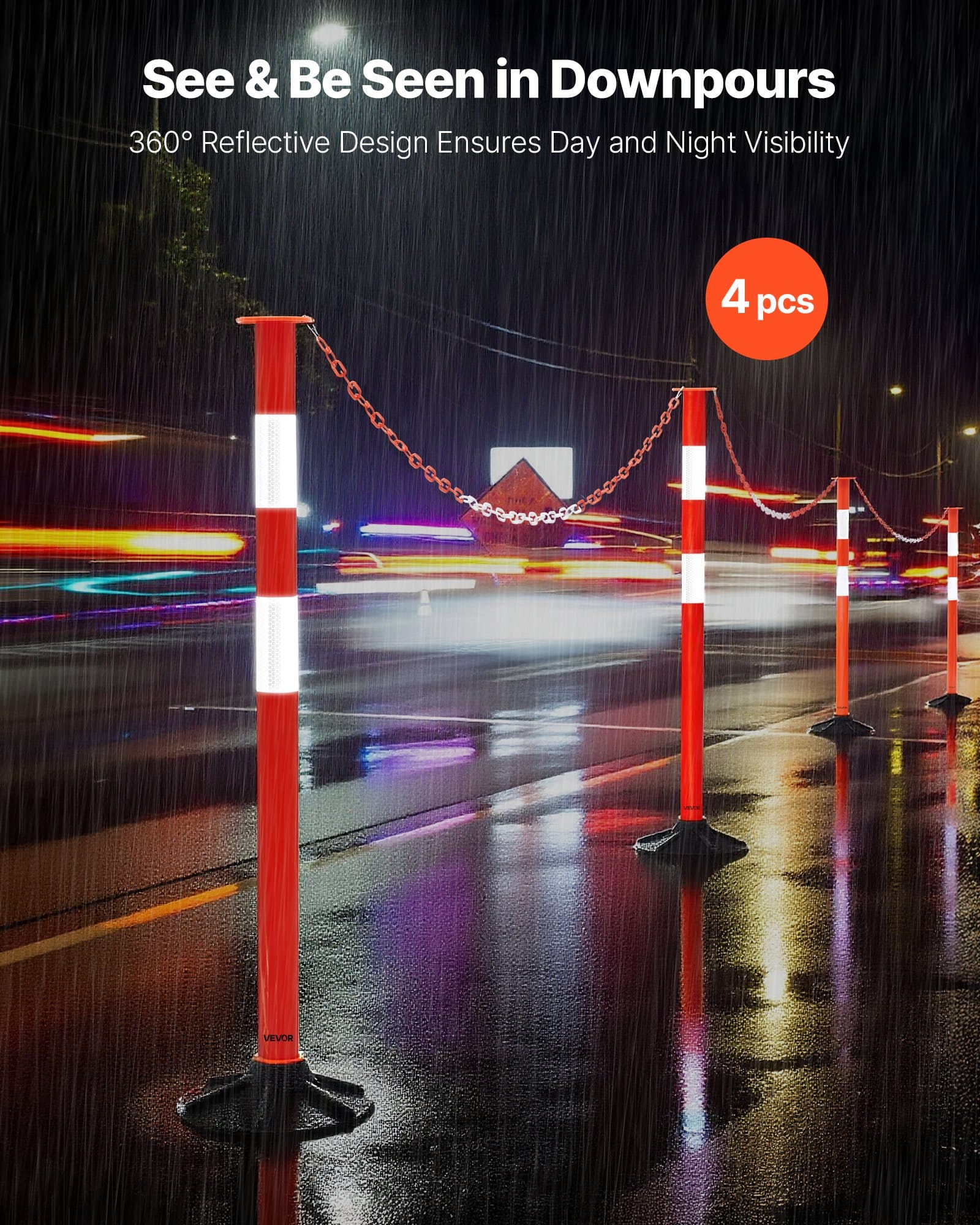 VEVOR 4-Pack 871 mm Traffic Delineator Posts with Weighted Base, Reflective Strips & Chain for Safety & Crowd Control, Red — attēls 2