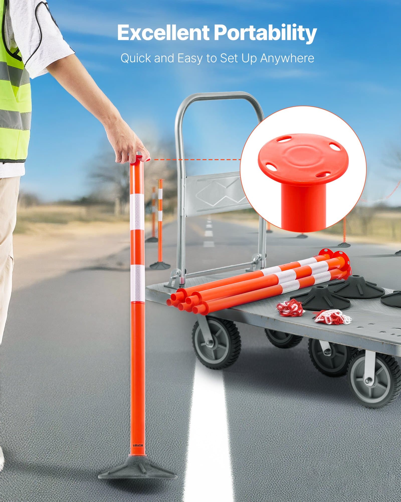 VEVOR 4-Pack 871 mm Traffic Delineator Posts with Weighted Base, Reflective Strips & Chain for Safety & Crowd Control, Red — attēls 4