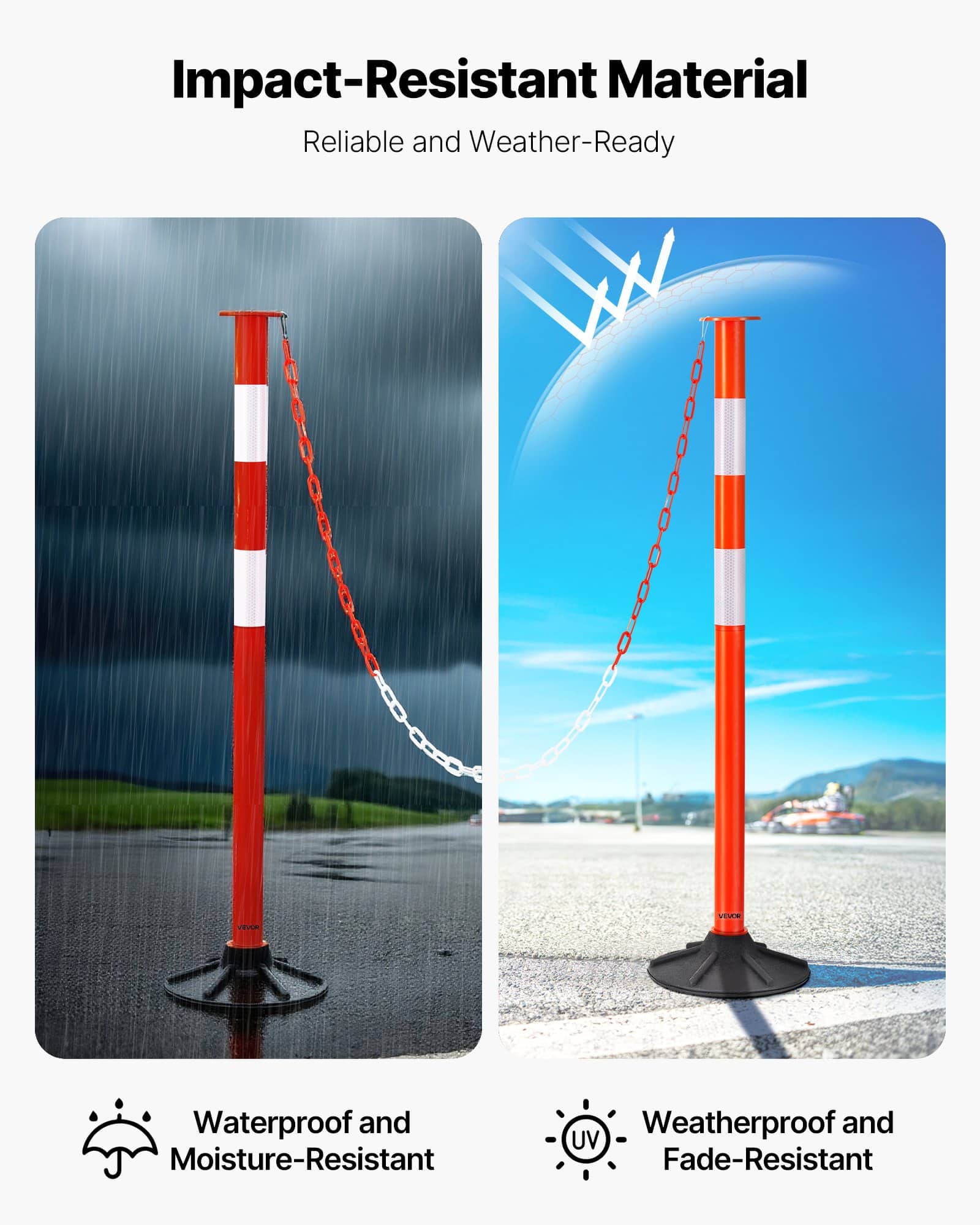 VEVOR 4-Pack 871 mm Traffic Delineator Posts with Weighted Base, Reflective Strips & Chain for Safety & Crowd Control, Red — attēls 5