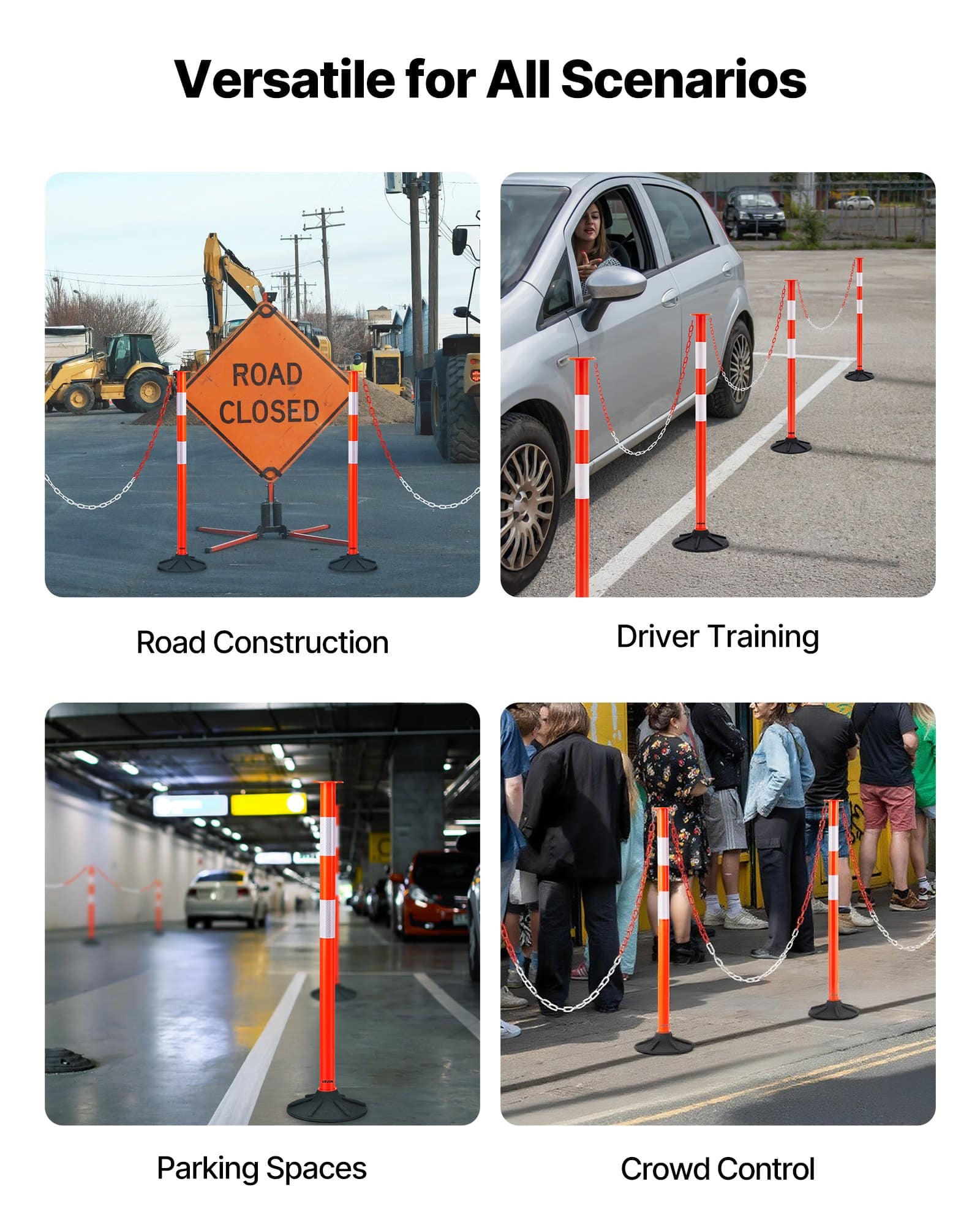 VEVOR 4-Pack 871 mm Traffic Delineator Posts with Weighted Base, Reflective Strips & Chain for Safety & Crowd Control, Red — attēls 6