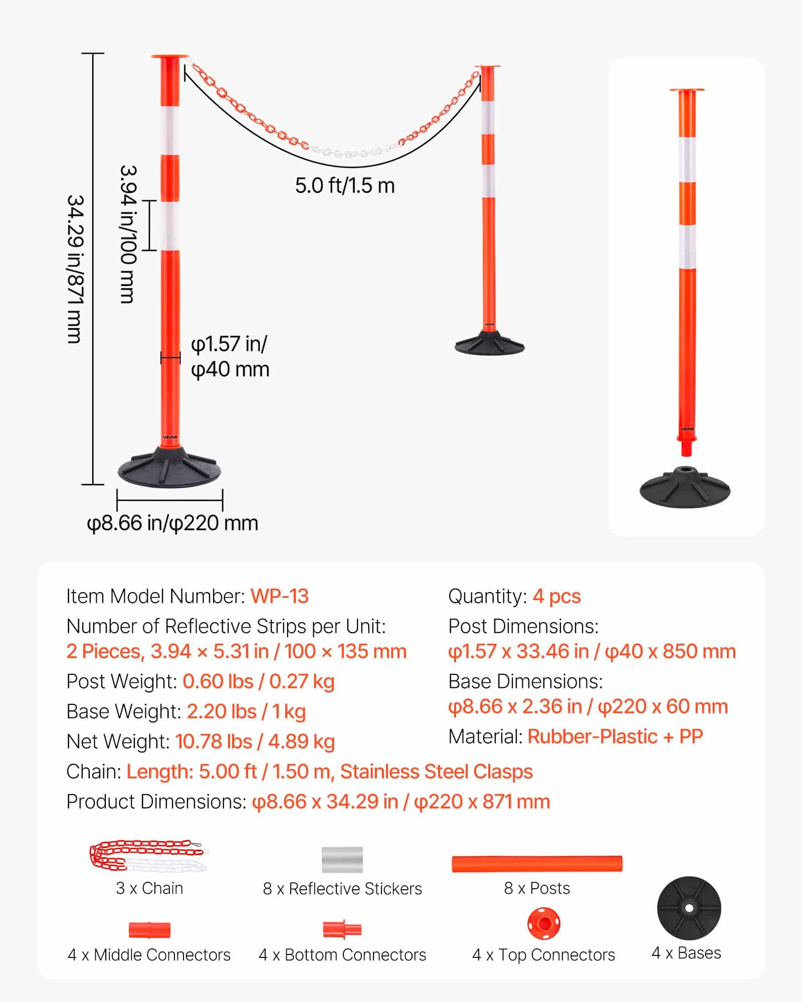 VEVOR 4-Pack 871 mm Traffic Delineator Posts with Weighted Base, Reflective Strips & Chain for Safety & Crowd Control, Red — attēls 7