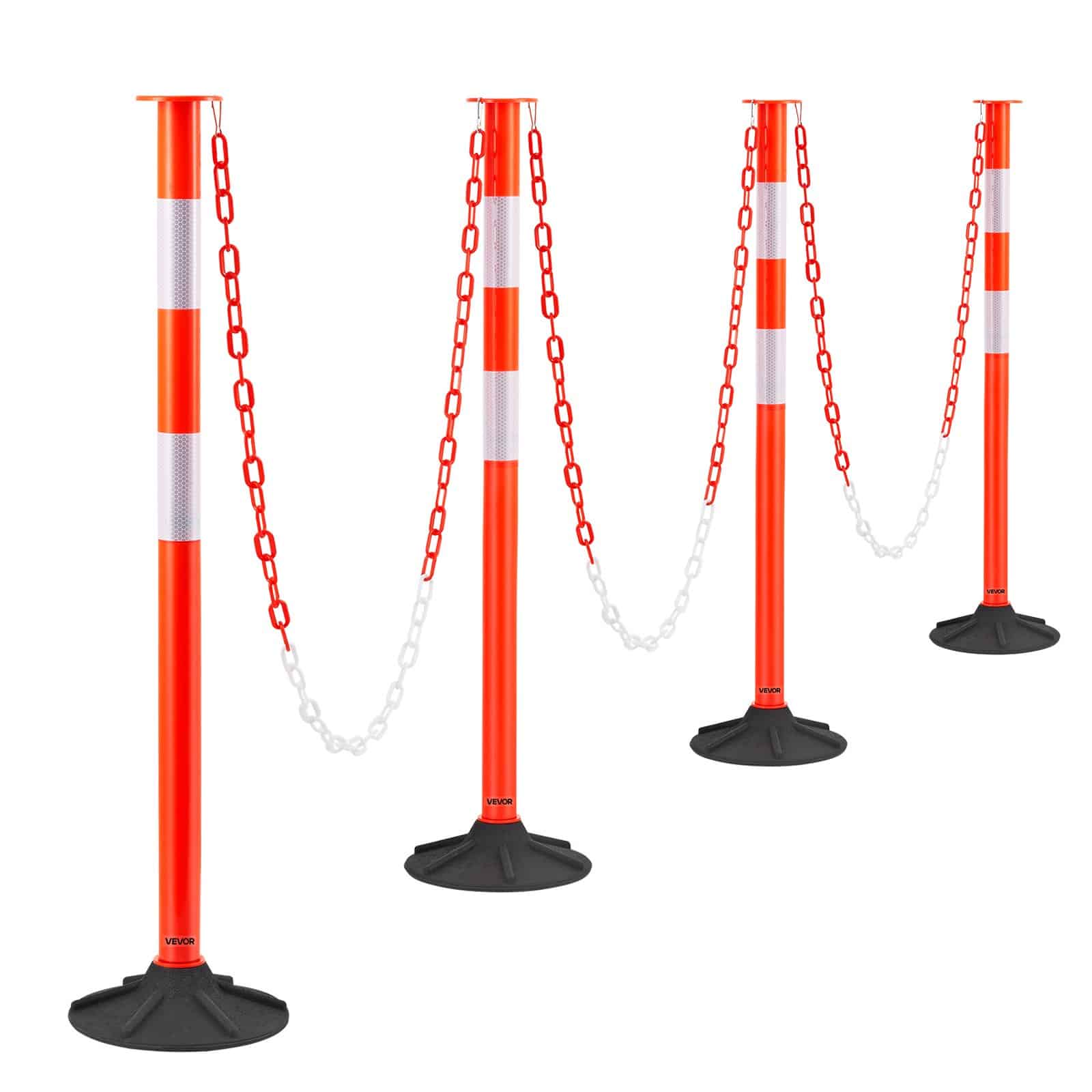 VEVOR 4-Pack 871 mm Traffic Delineator Posts with Weighted Base, Reflective Strips & Chain for Safety & Crowd Control, Red