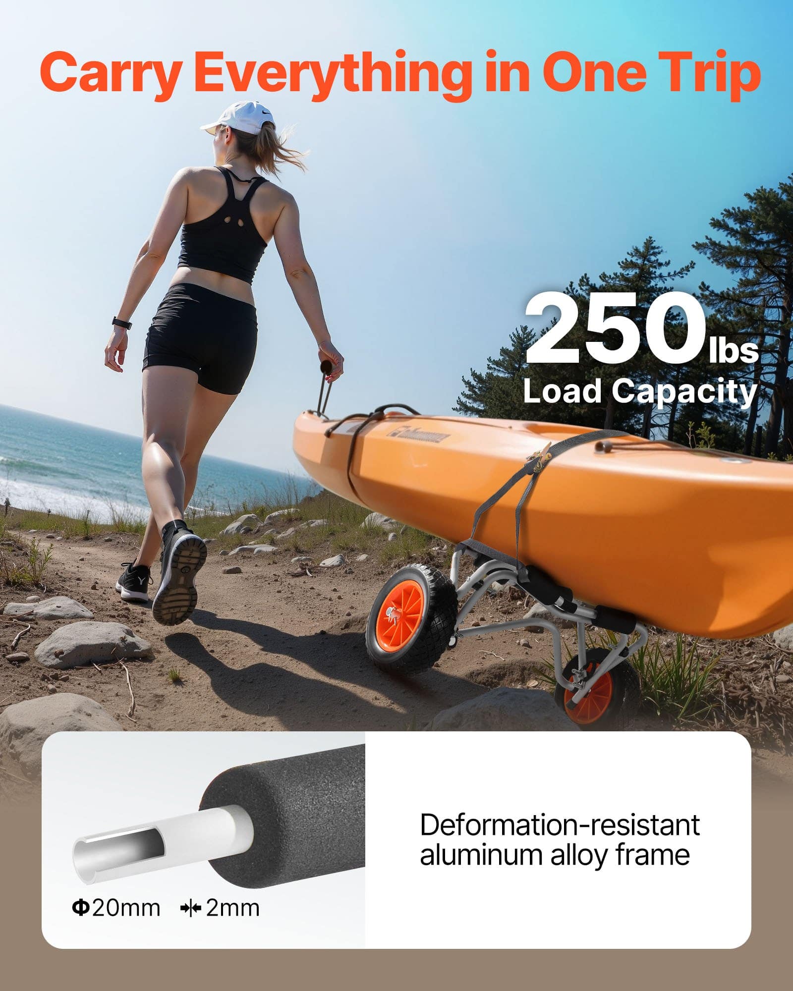 VEVOR Foldable Kayak Cart, 113.4 kg Capacity, 25.4 cm Solid Wheels, Strap Included – For Kayaks, Canoes, Paddleboards — attēls 2