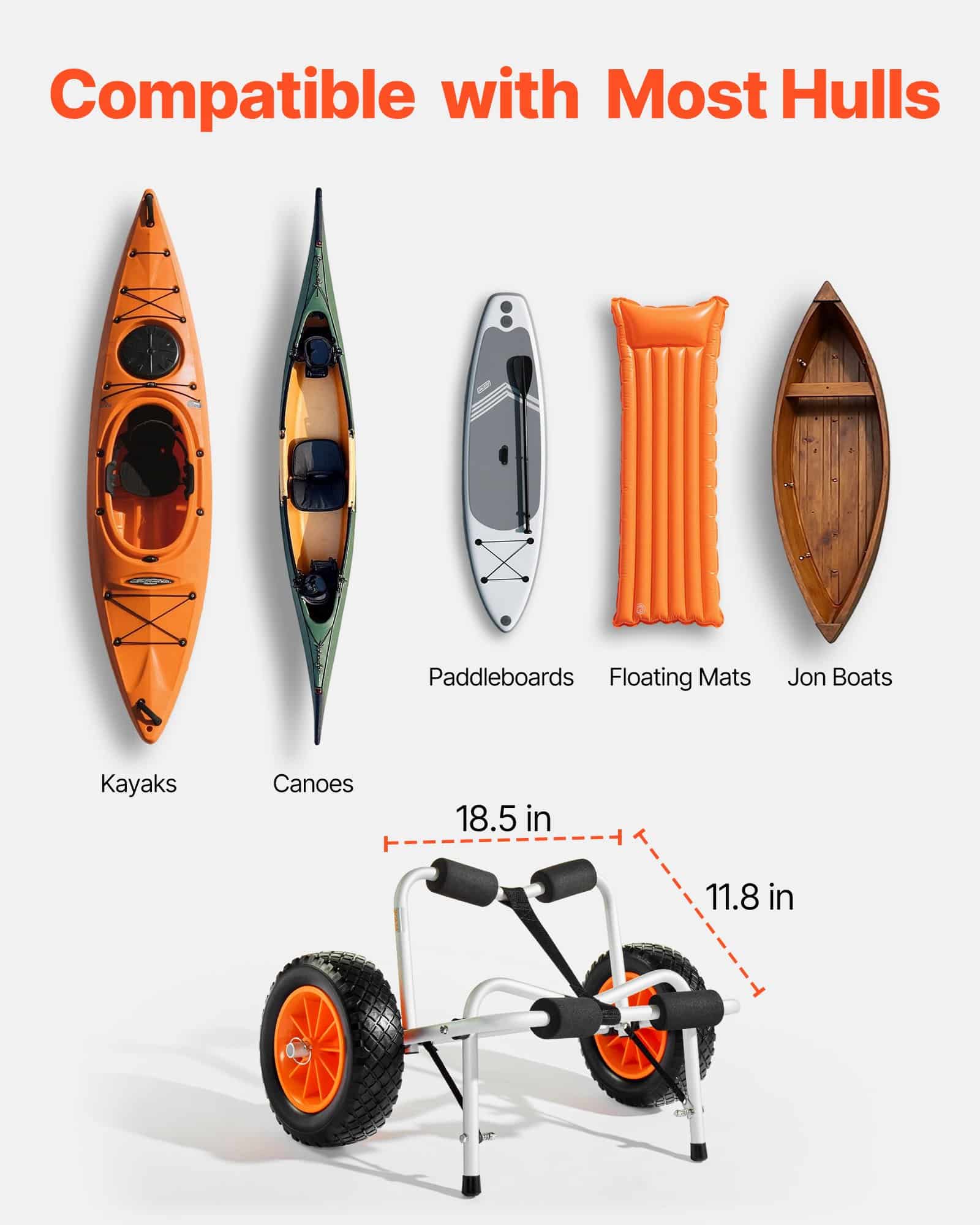 VEVOR Foldable Kayak Cart, 113.4 kg Capacity, 25.4 cm Solid Wheels, Strap Included – For Kayaks, Canoes, Paddleboards — attēls 5