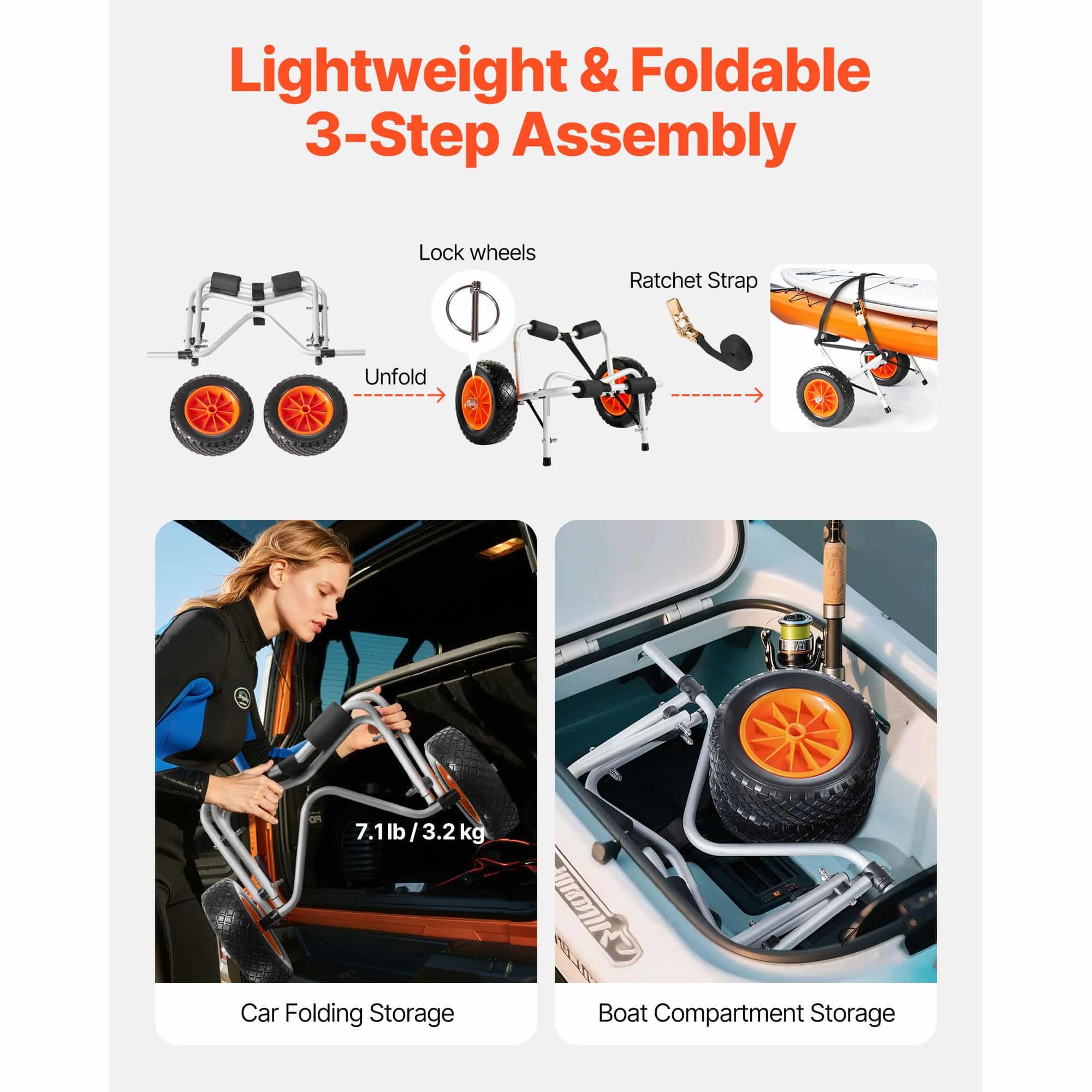 VEVOR Foldable Kayak Cart, 113.4 kg Capacity, 25.4 cm Solid Wheels, Strap Included – For Kayaks, Canoes, Paddleboards — attēls 6