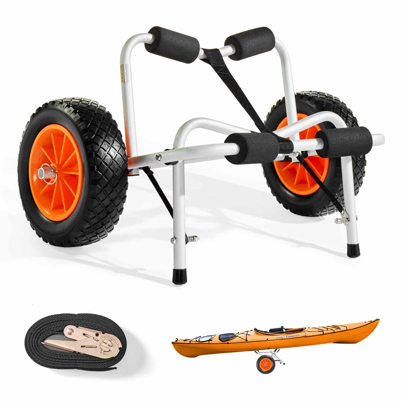 VEVOR salokāms kajaku ratiņš, 113,4 kg ietilpība, 25,4 cm cietie riteņi, siksna – kajakiem, kanoe, SUP dēļiem