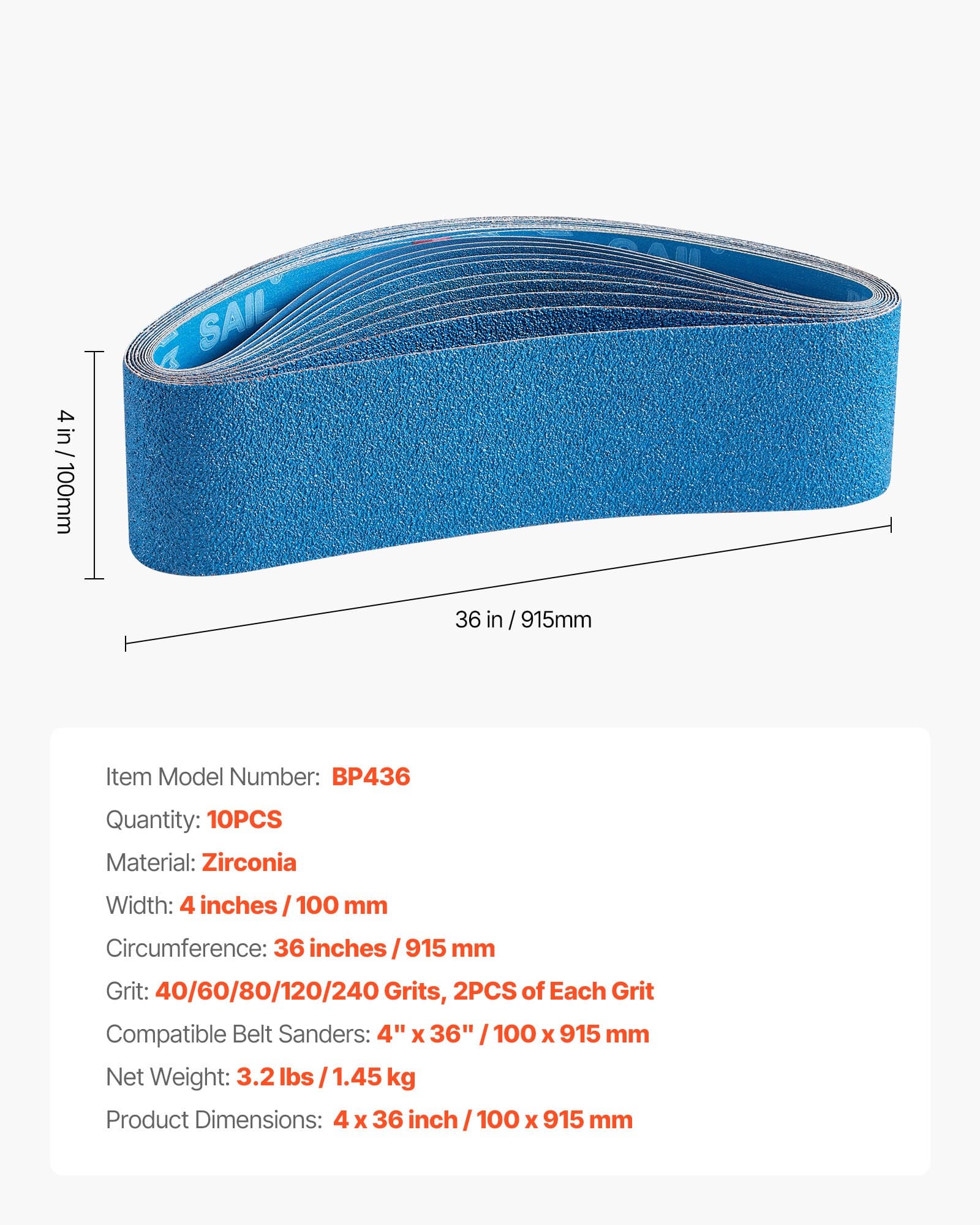 VEVOR 100x915mm Zirconia Sanding Belts, 10PCS (40-240 Grit), for Knife Sharpening, Metal & Stainless Steel Polishing — изображение 7