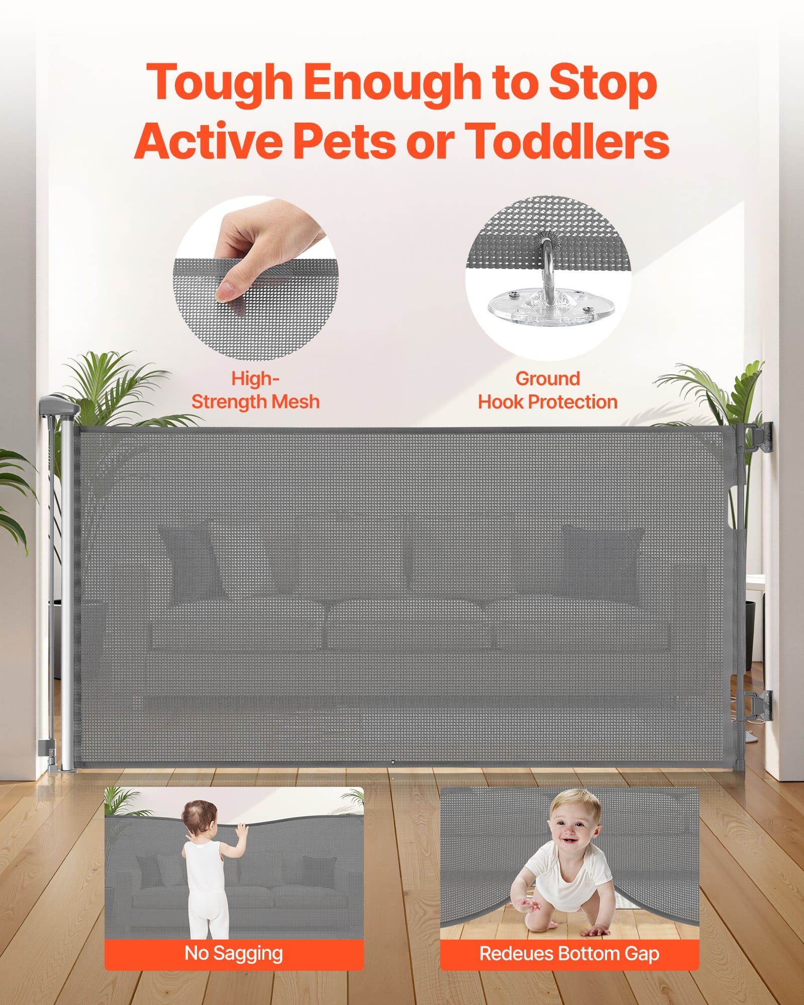 VEVOR Retractable Baby & Pet Gate, 1850 mm Wide, 795 mm Tall, Mesh Barrier with Lock, Indoor/Outdoor, Gray — изображение 2