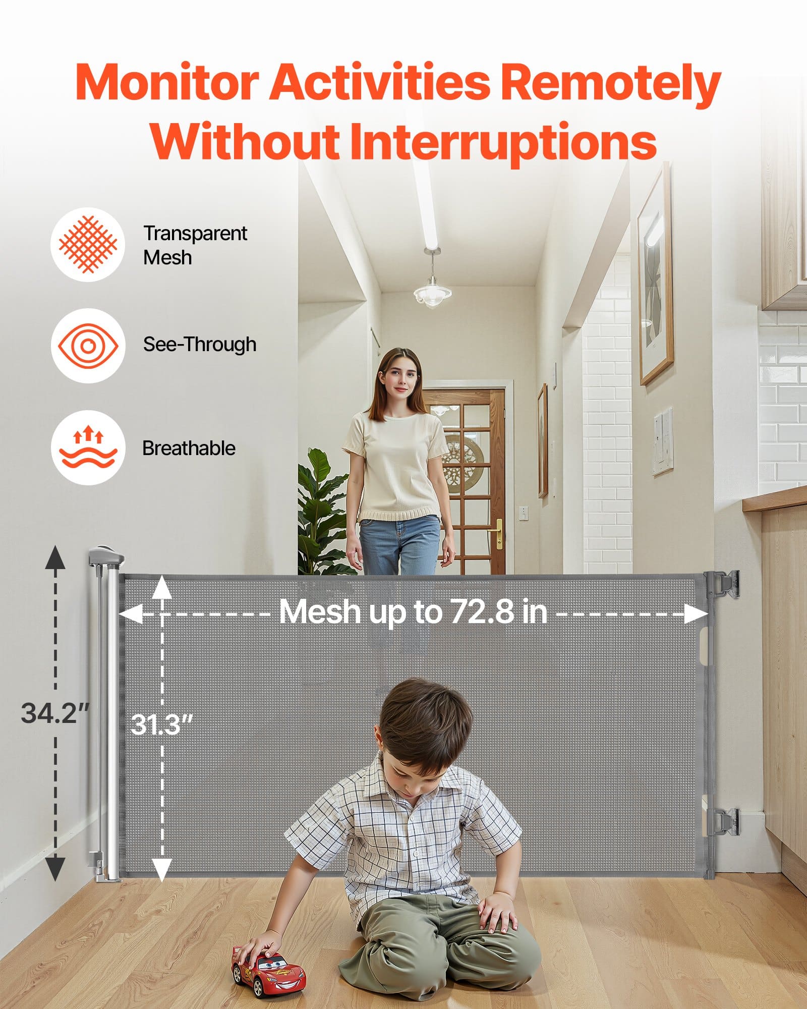 VEVOR Retractable Baby & Pet Gate, 1850 mm Wide, 795 mm Tall, Mesh Barrier with Lock, Indoor/Outdoor, Gray — изображение 4