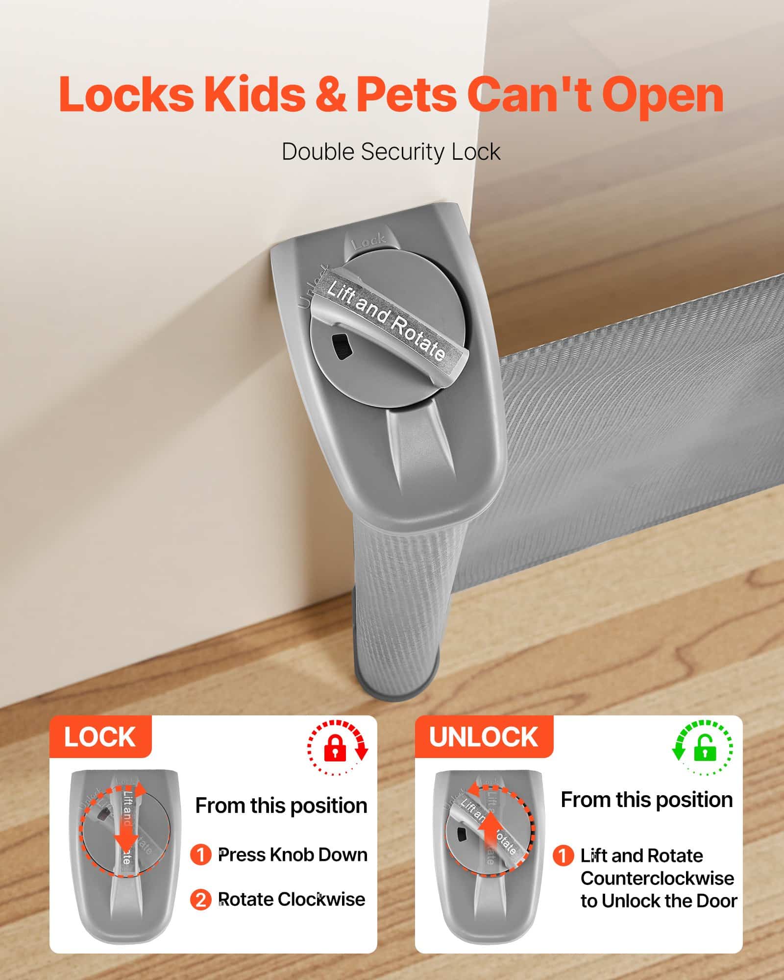 VEVOR Retractable Baby & Pet Gate, 1850 mm Wide, 795 mm Tall, Mesh Barrier with Lock, Indoor/Outdoor, Gray — изображение 5