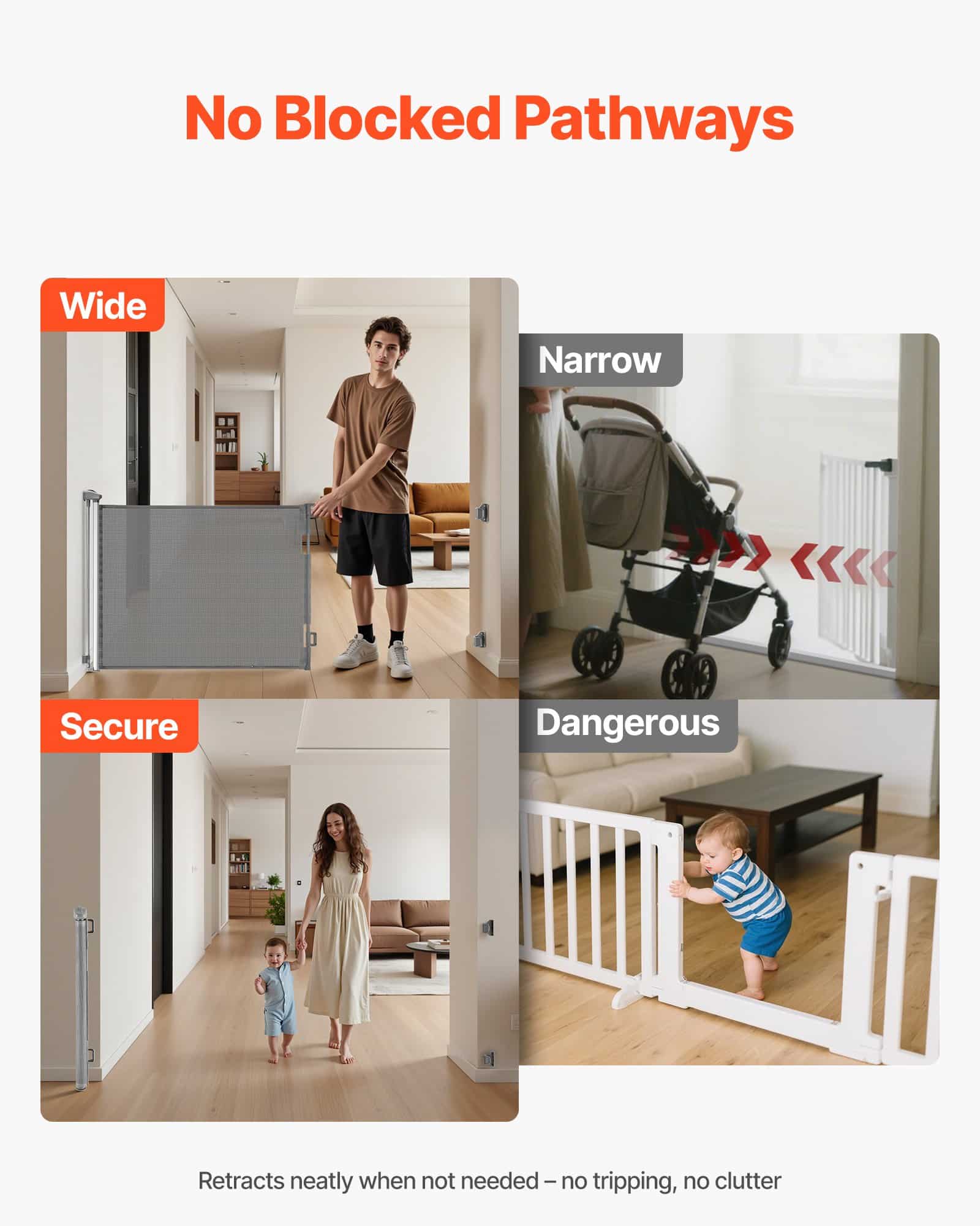 VEVOR Retractable Baby & Pet Gate, 1850 mm Wide, 795 mm Tall, Mesh Barrier with Lock, Indoor/Outdoor, Gray — изображение 6