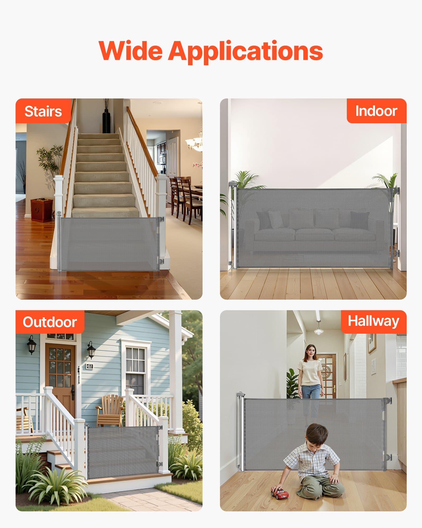 VEVOR Retractable Baby & Pet Gate, 1850 mm Wide, 795 mm Tall, Mesh Barrier with Lock, Indoor/Outdoor, Gray — изображение 7