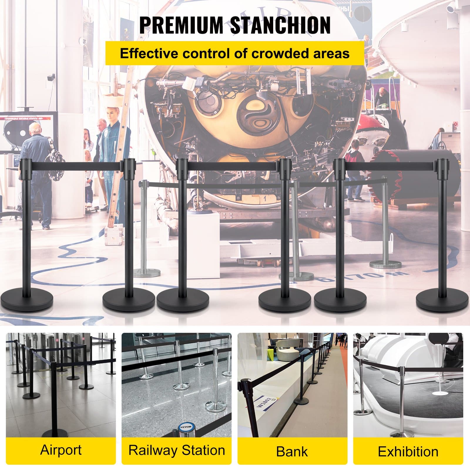 VEVOR 6-Piece Crowd Control Stanchion Set with 2 m Black Retractable Belts, Heavy-Duty Steel Posts and Concrete Bases - Зображення 2