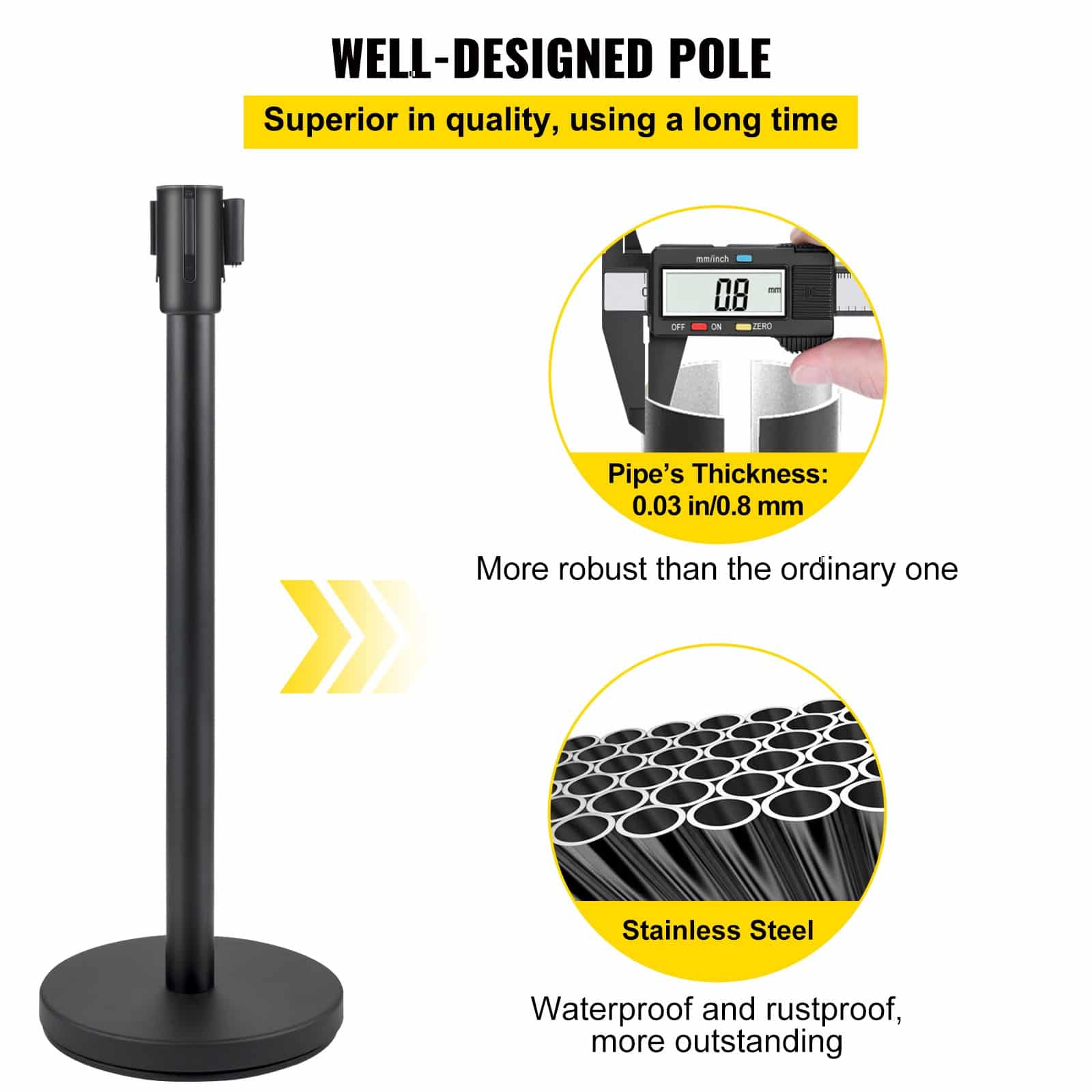 VEVOR 6-Piece Crowd Control Stanchion Set with 2 m Black Retractable Belts, Heavy-Duty Steel Posts and Concrete Bases - Зображення 3