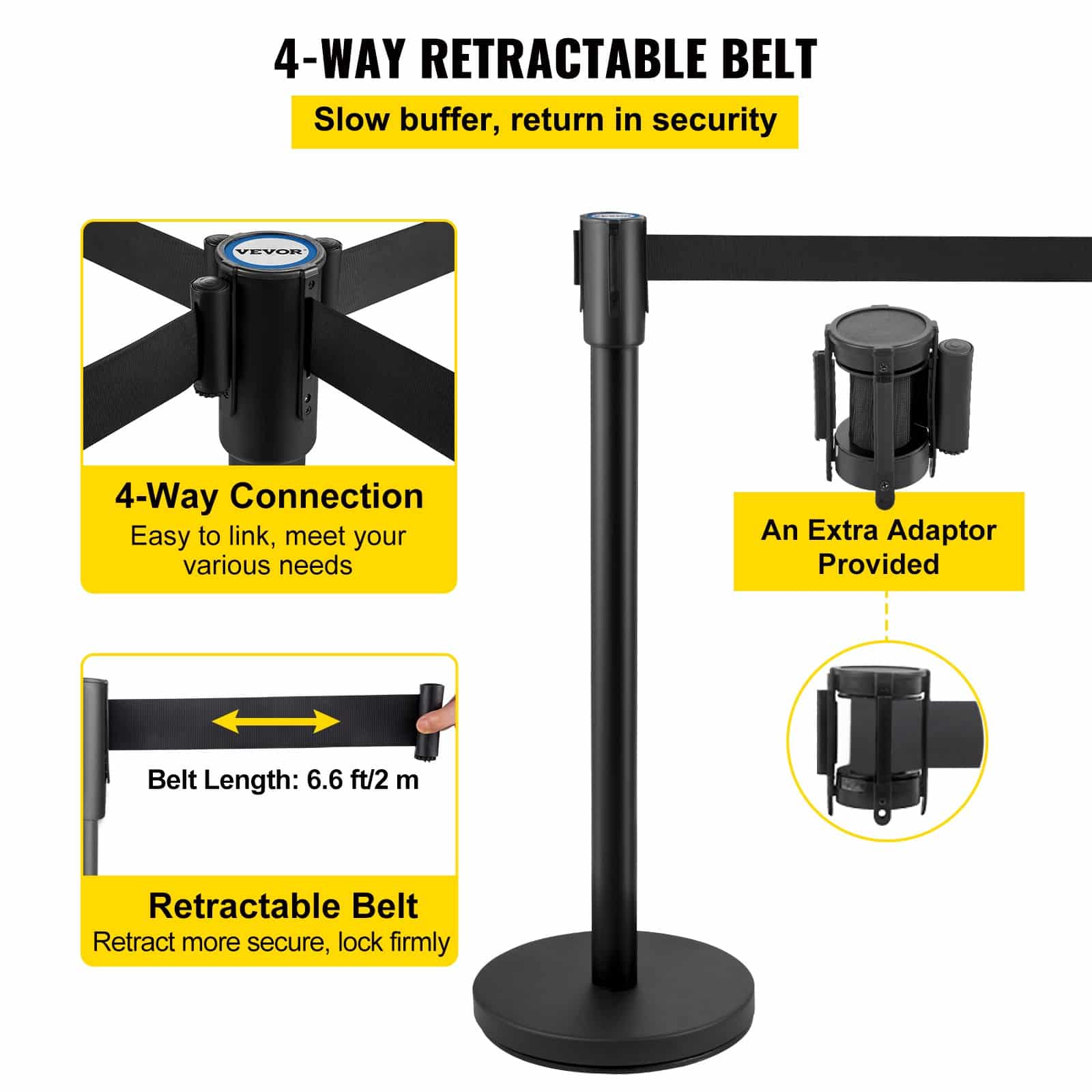 VEVOR 6-Piece Crowd Control Stanchion Set with 2 m Black Retractable Belts, Heavy-Duty Steel Posts and Concrete Bases - Зображення 4