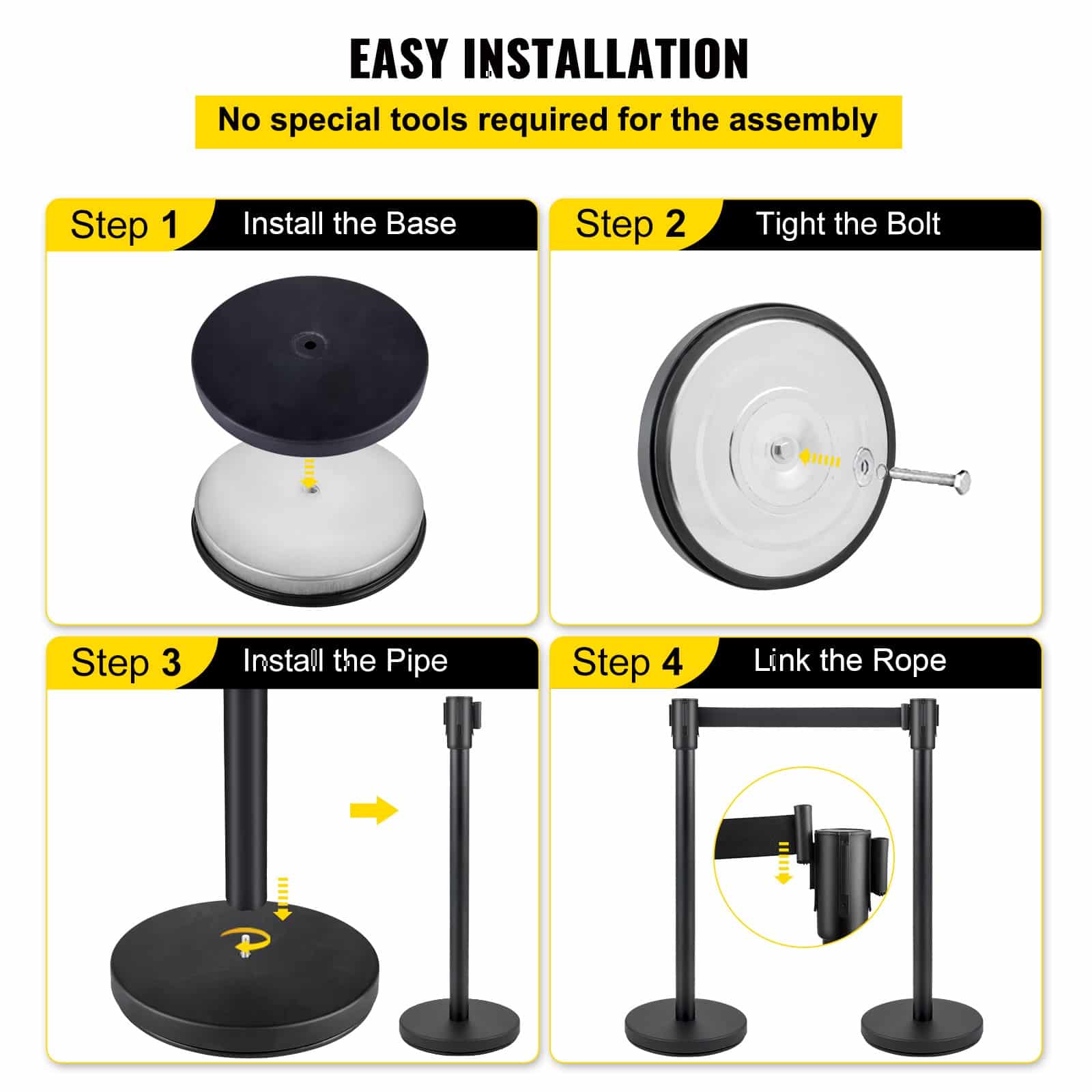 VEVOR 6-Piece Crowd Control Stanchion Set with 2 m Black Retractable Belts, Heavy-Duty Steel Posts and Concrete Bases - Зображення 6