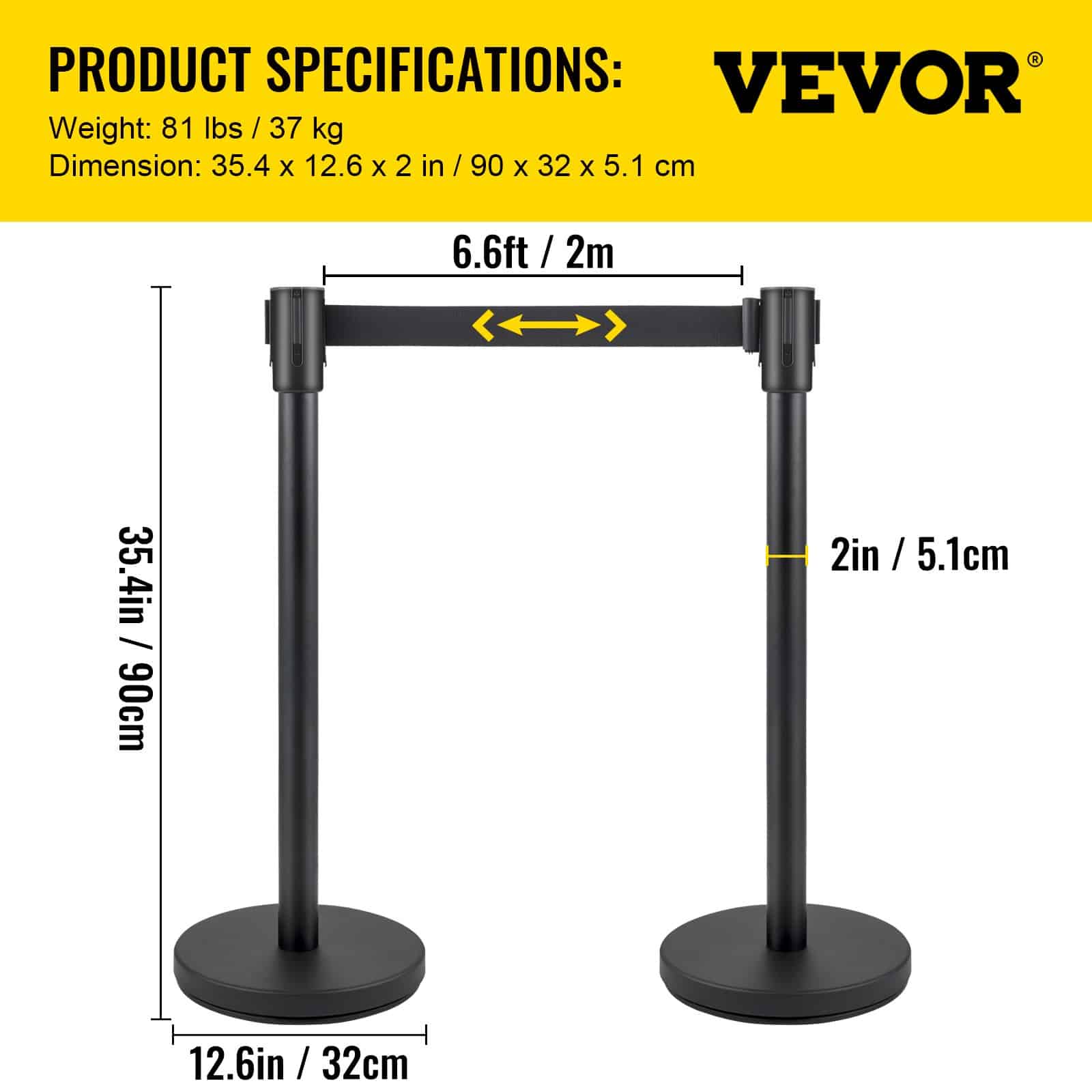 VEVOR 6-Piece Crowd Control Stanchion Set with 2 m Black Retractable Belts, Heavy-Duty Steel Posts and Concrete Bases - Зображення 7