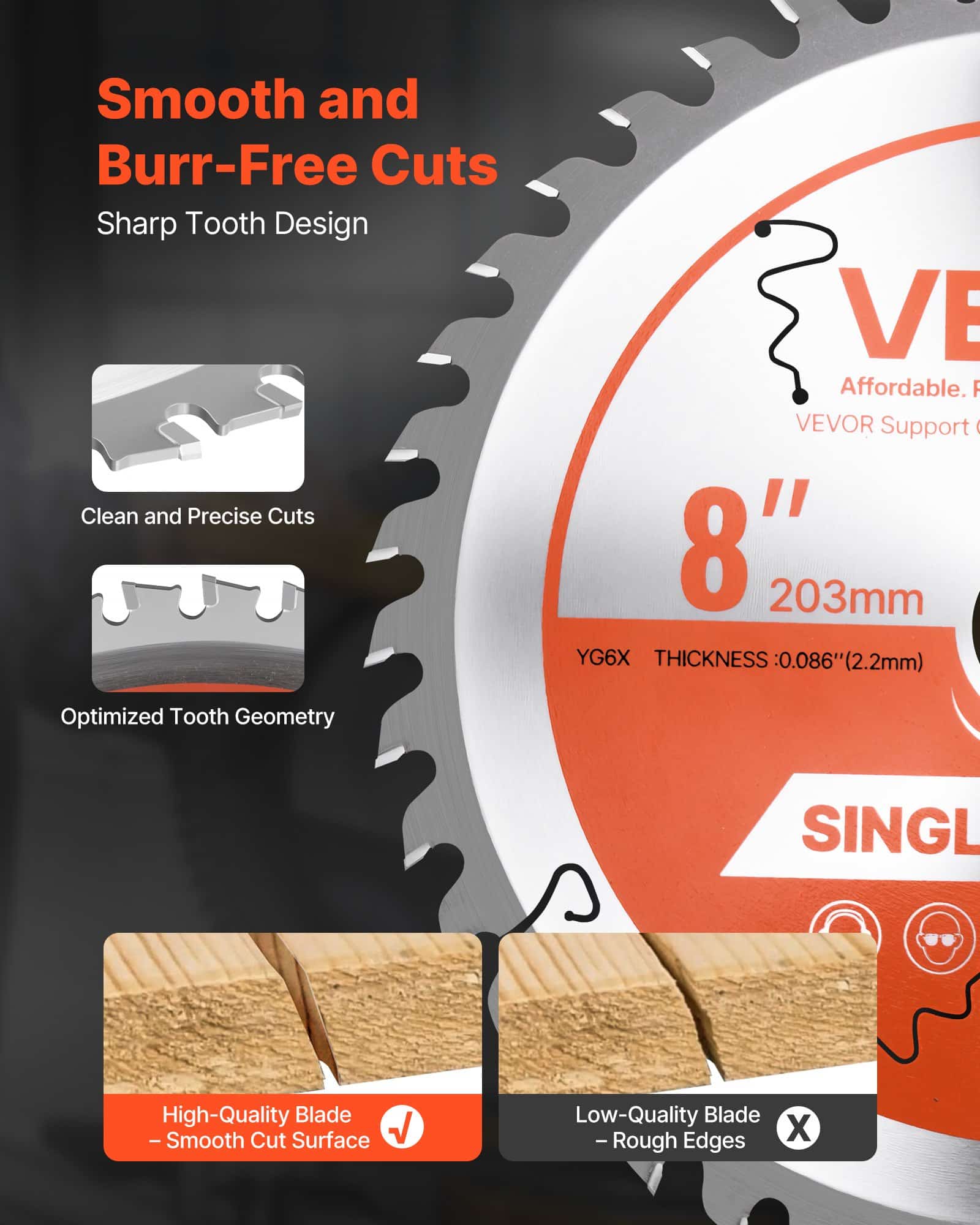 VEVOR 203mm Circular Saw Blade, 42T Alloy, 25.4mm Arbor, Fine Finish, Low Noise, for Wood, Plywood, OSB, Hardwood Cutting - Image 3