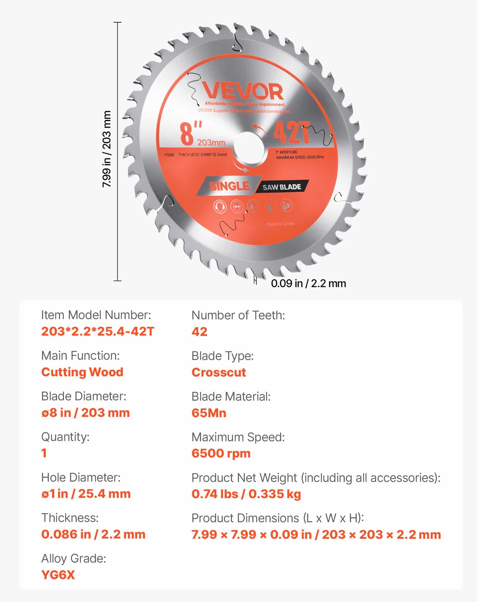 VEVOR 203mm Circular Saw Blade, 42T Alloy, 25.4mm Arbor, Fine Finish, Low Noise, for Wood, Plywood, OSB, Hardwood Cutting - Image 7