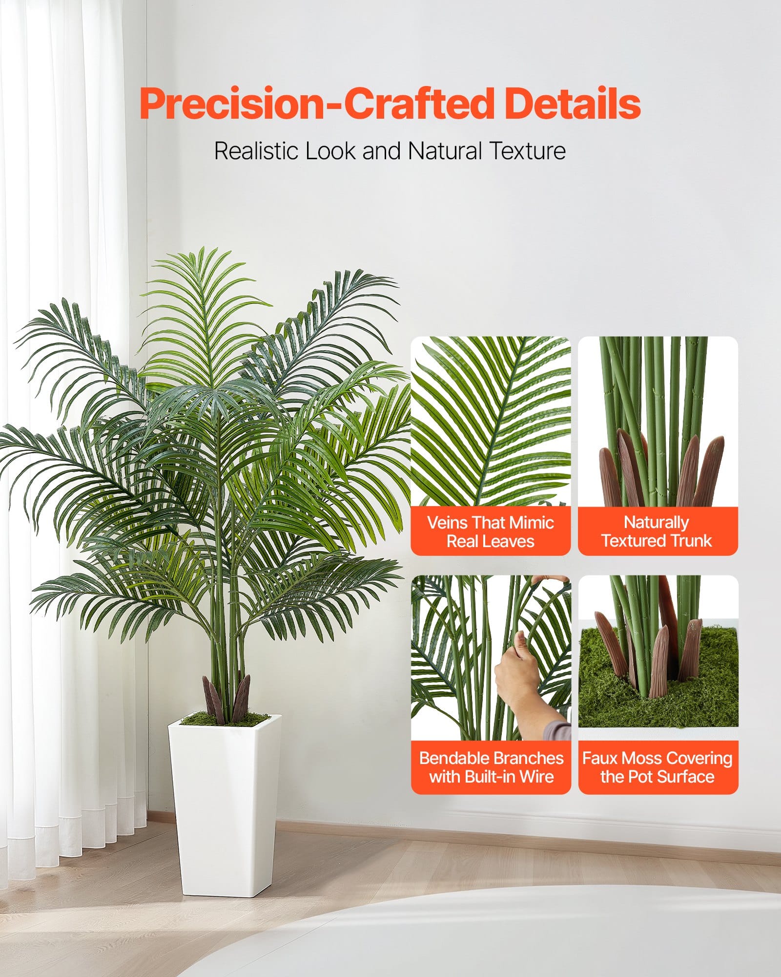 VEVOR 152 cm Artificial Areca Palm Tree with White Planter – Realistic Faux Tropical Plant for Home, Office, Indoor/Outdoor Decor — изображение 2