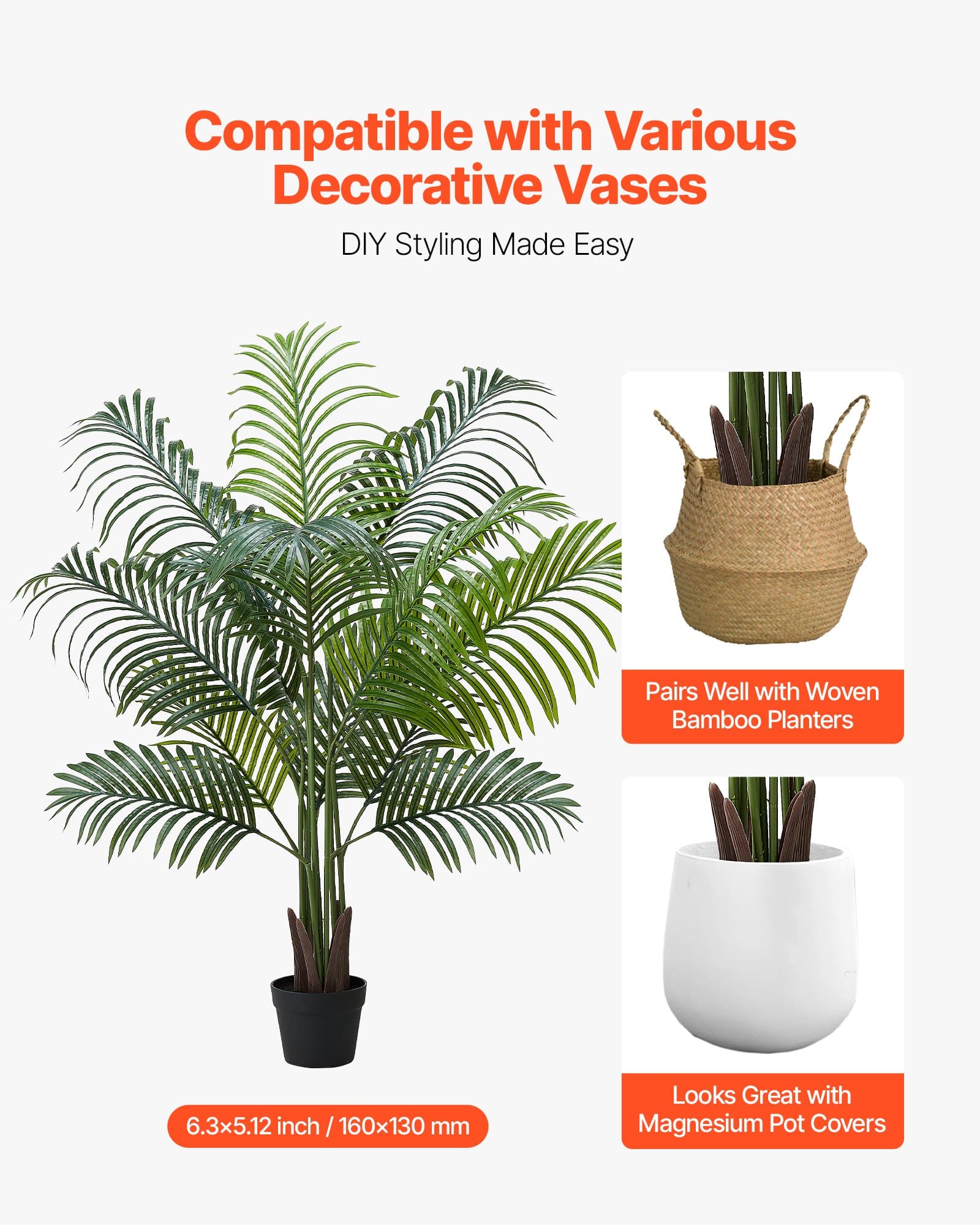 VEVOR 152 cm Artificial Areca Palm Tree with White Planter – Realistic Faux Tropical Plant for Home, Office, Indoor/Outdoor Decor — изображение 5