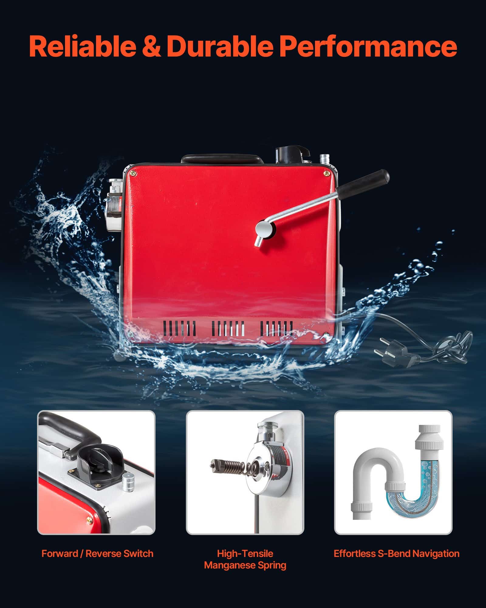 VEVOR 390W Electric Drain Cleaner Machine with 3 Steel Cables & 6 Cutters, Fits 50–110mm Pipes, 1400RPM Sewer Snake — Attēls 5