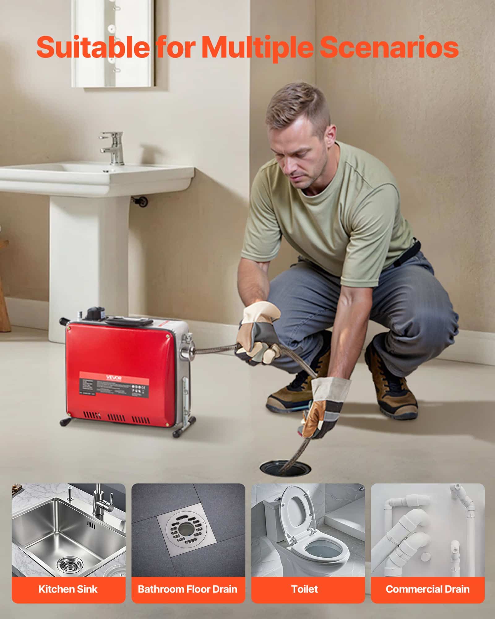 VEVOR 390W Electric Drain Cleaner Machine with 3 Steel Cables & 6 Cutters, Fits 50–110mm Pipes, 1400RPM Sewer Snake — Attēls 6