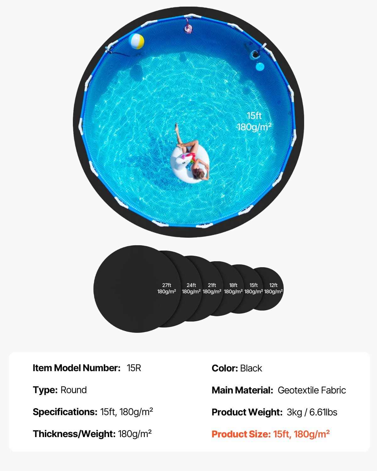 VEVOR 4.6m Round Extra-Thick Pool Liner Pad for Above Ground Pools, Recycled Geotextile Underlay, Puncture Resistant Mat - Image 7