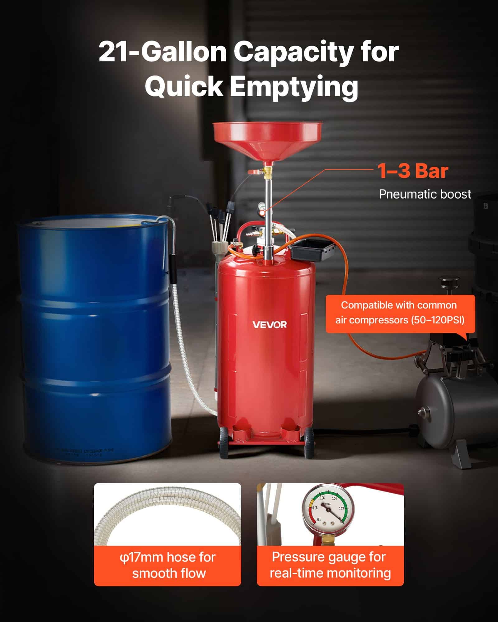 VEVOR 79.5L Air-Operated Waste Oil Drain Tank with Adjustable Funnel, Mobile Industrial Oil Drainer for Workshops, Red - Image 2