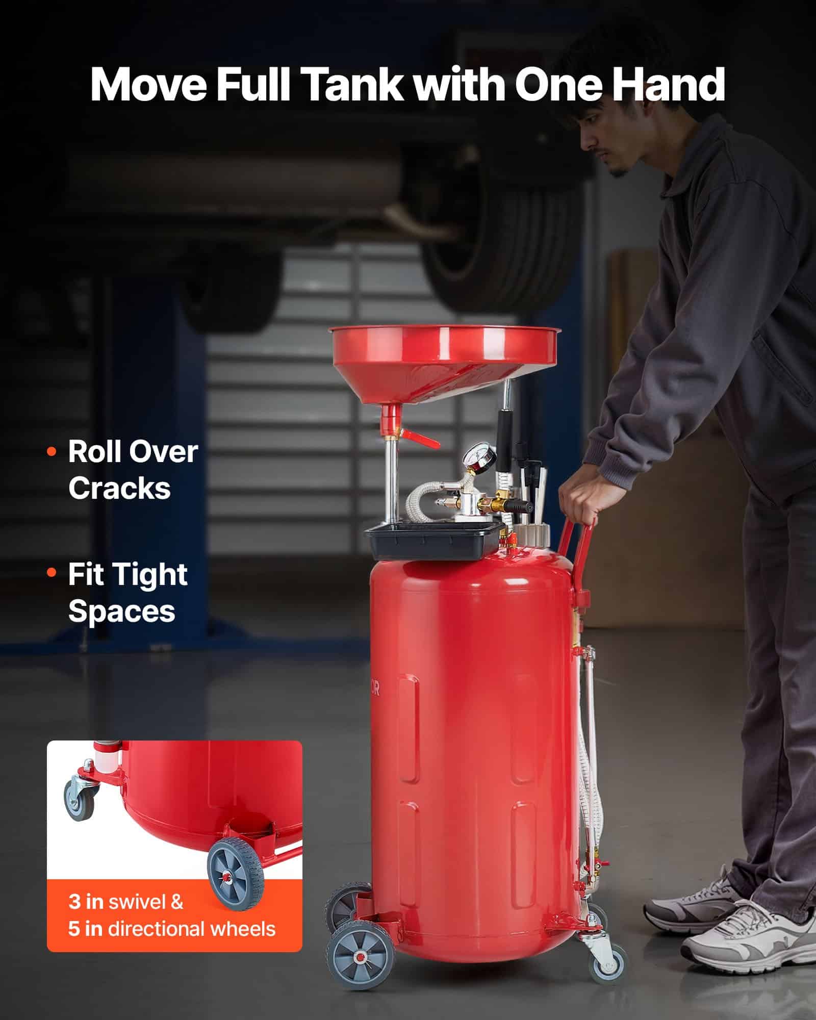 VEVOR 79.5L Air-Operated Waste Oil Drain Tank with Adjustable Funnel, Mobile Industrial Oil Drainer for Workshops, Red - Image 4