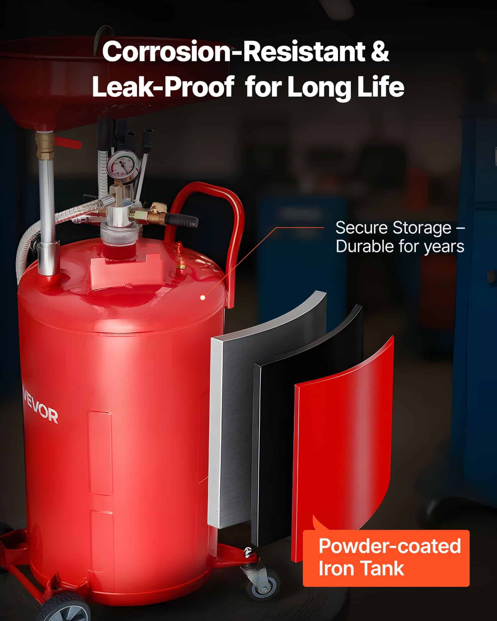 VEVOR 79.5L Air-Operated Waste Oil Drain Tank with Adjustable Funnel, Mobile Industrial Oil Drainer for Workshops, Red - Image 5
