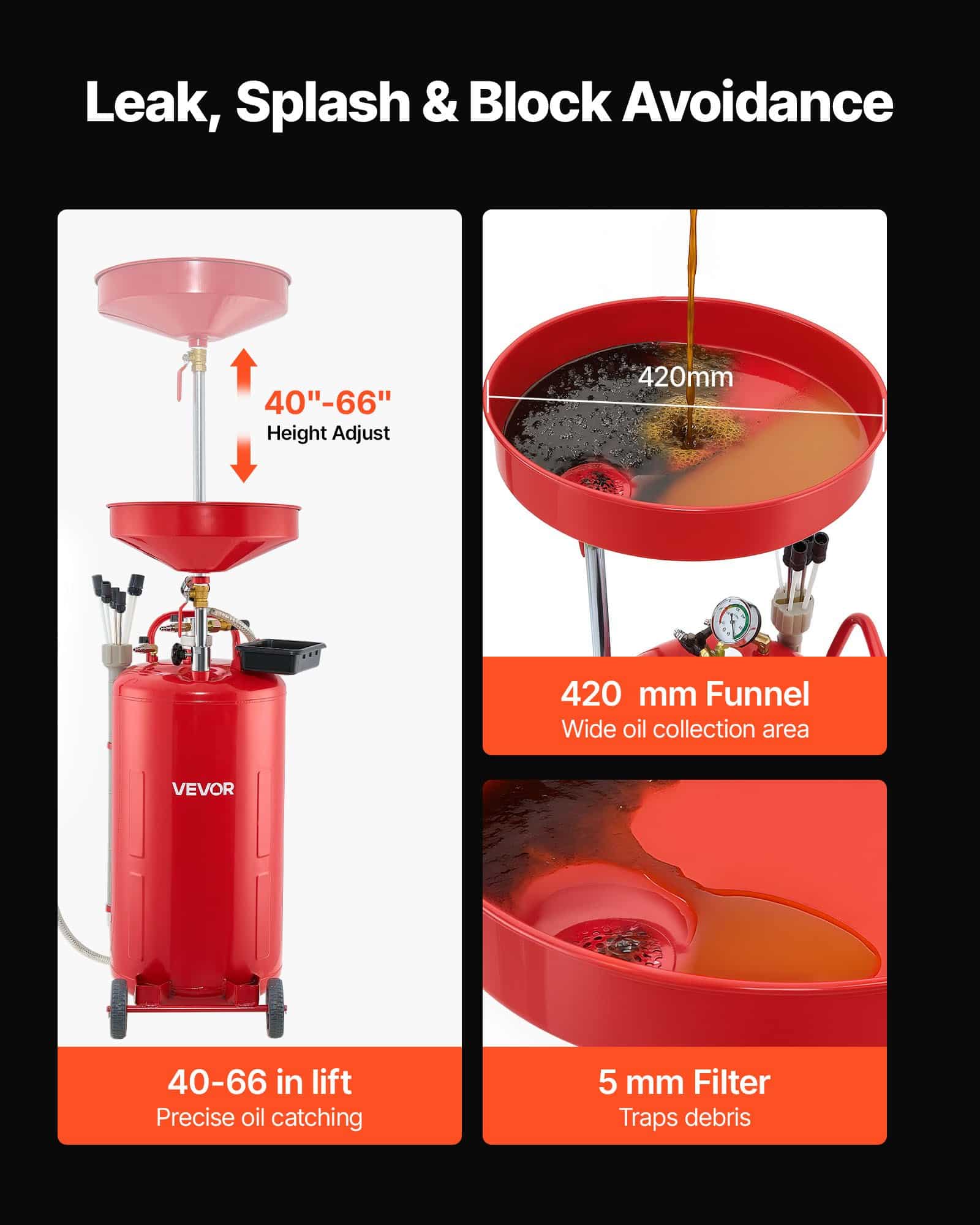 VEVOR 79.5L Air-Operated Waste Oil Drain Tank with Adjustable Funnel, Mobile Industrial Oil Drainer for Workshops, Red - Image 6