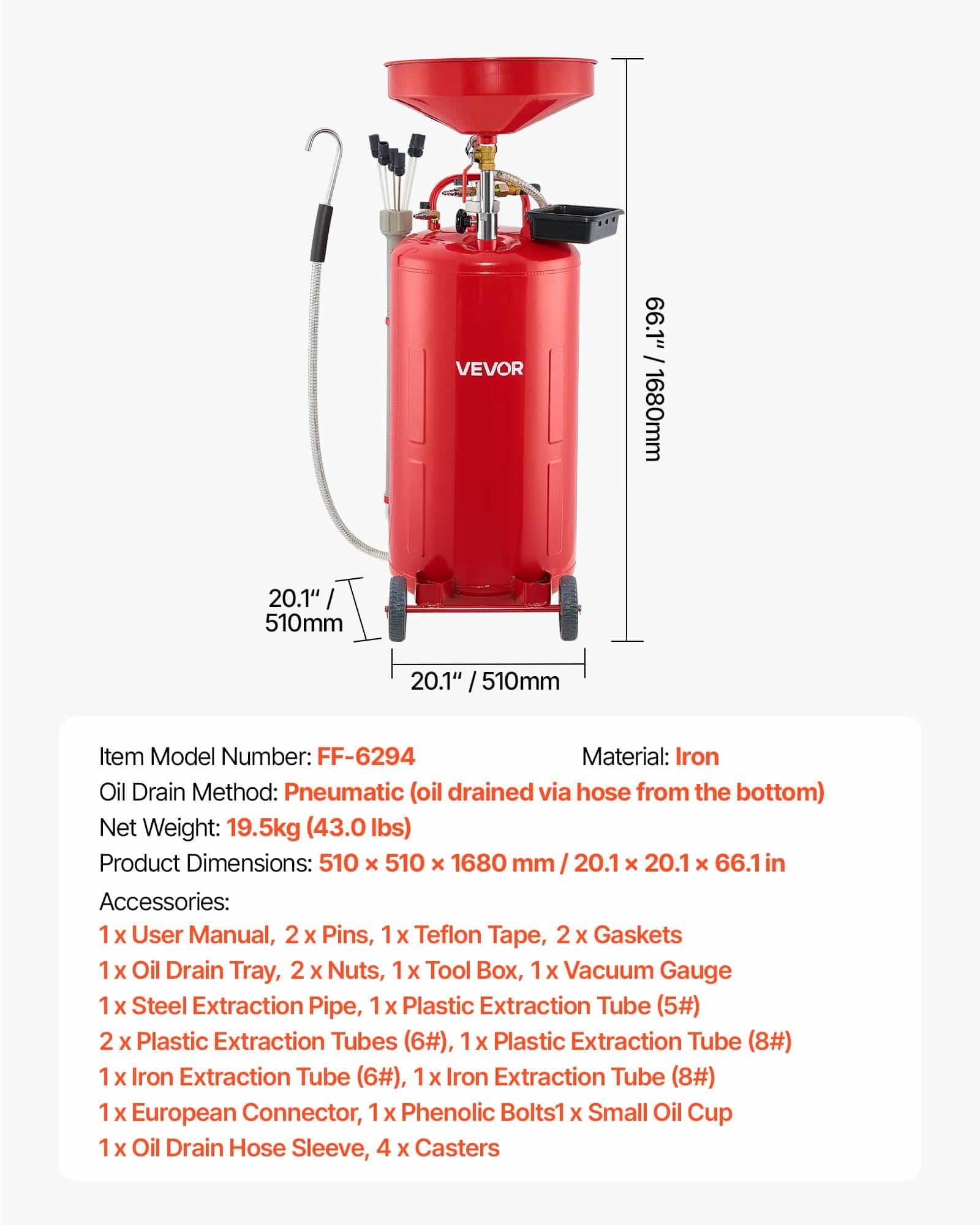 VEVOR 79.5L Air-Operated Waste Oil Drain Tank with Adjustable Funnel, Mobile Industrial Oil Drainer for Workshops, Red - Image 7