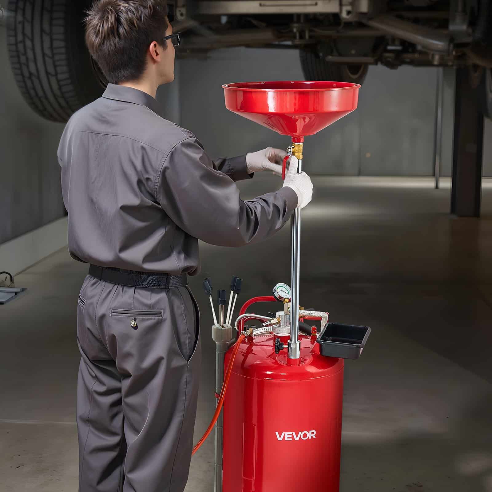 VEVOR 79.5L Air-Operated Waste Oil Drain Tank with Adjustable Funnel, Mobile Industrial Oil Drainer for Workshops, Red - Image 8