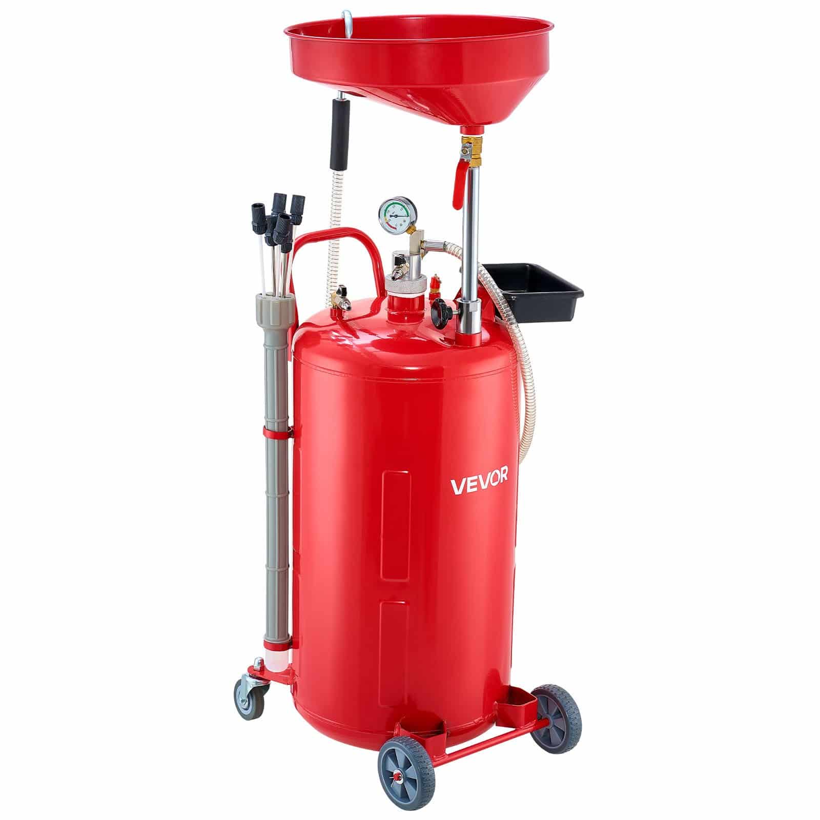 VEVOR 79.5L Air-Operated Waste Oil Drain Tank with Adjustable Funnel, Mobile Industrial Oil Drainer for Workshops, Red