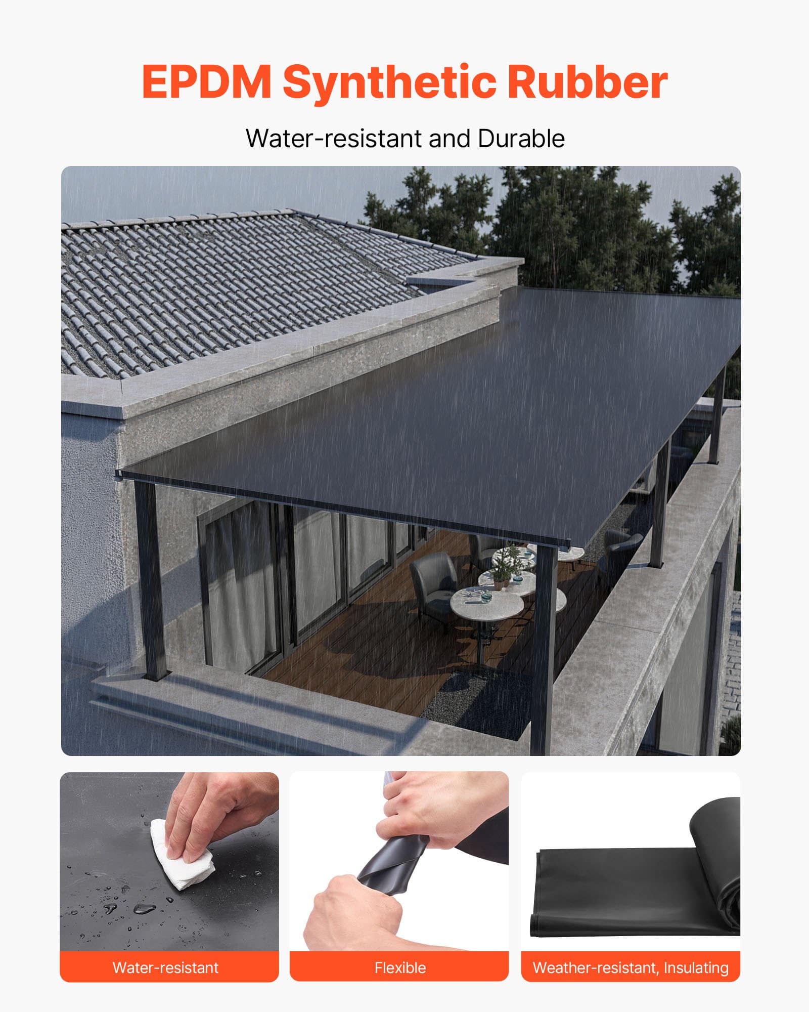 VEVOR EPDM Rubber Roofing Membrane 4.57x6.10m, 1.14mm Thick, Waterproof & Weather-Resistant for Roofs, RVs, Ponds – Paveikslėlis 4