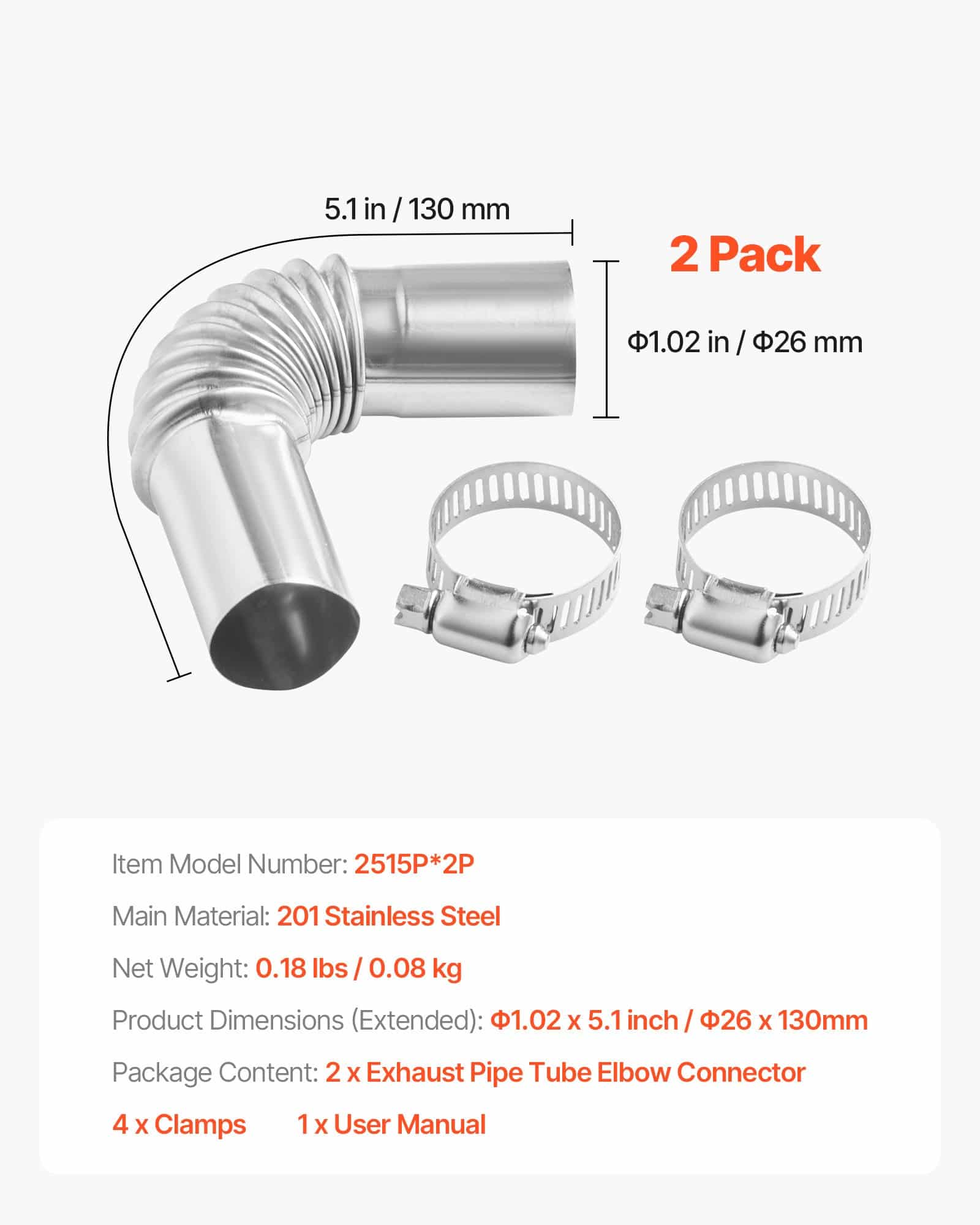 VEVOR 25mm Stainless Steel Diesel Heater Exhaust Elbow Kit with Windproof Cap & 4 Clamps for 2kW/5kW/8kW Heaters — attēls 7