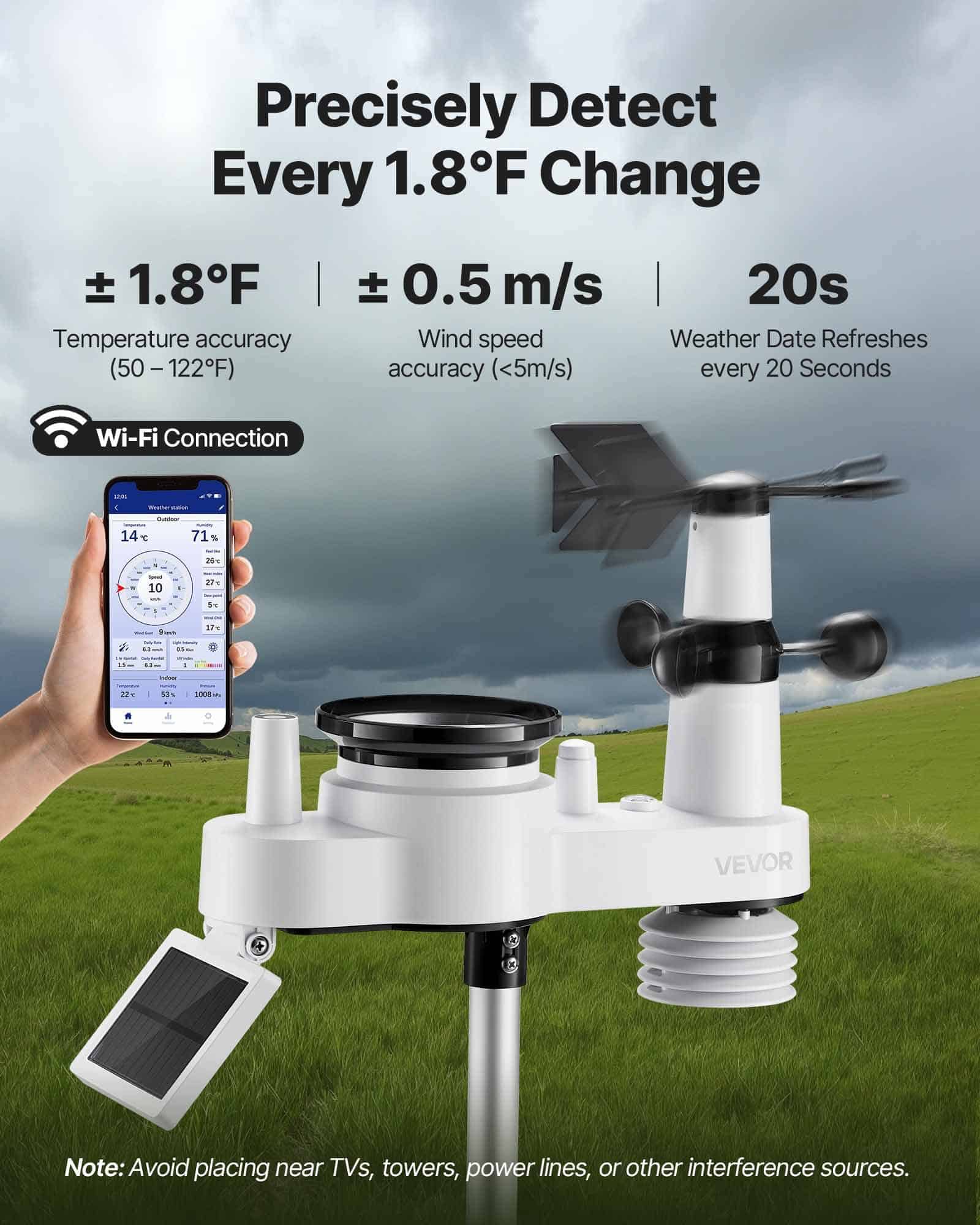 VEVOR 7-in-1 Wi-Fi Weather Station with 178 mm TFT Display, Solar Wireless Sensor, Rain Gauge, Indoor/Outdoor Forecast - Зображення 3
