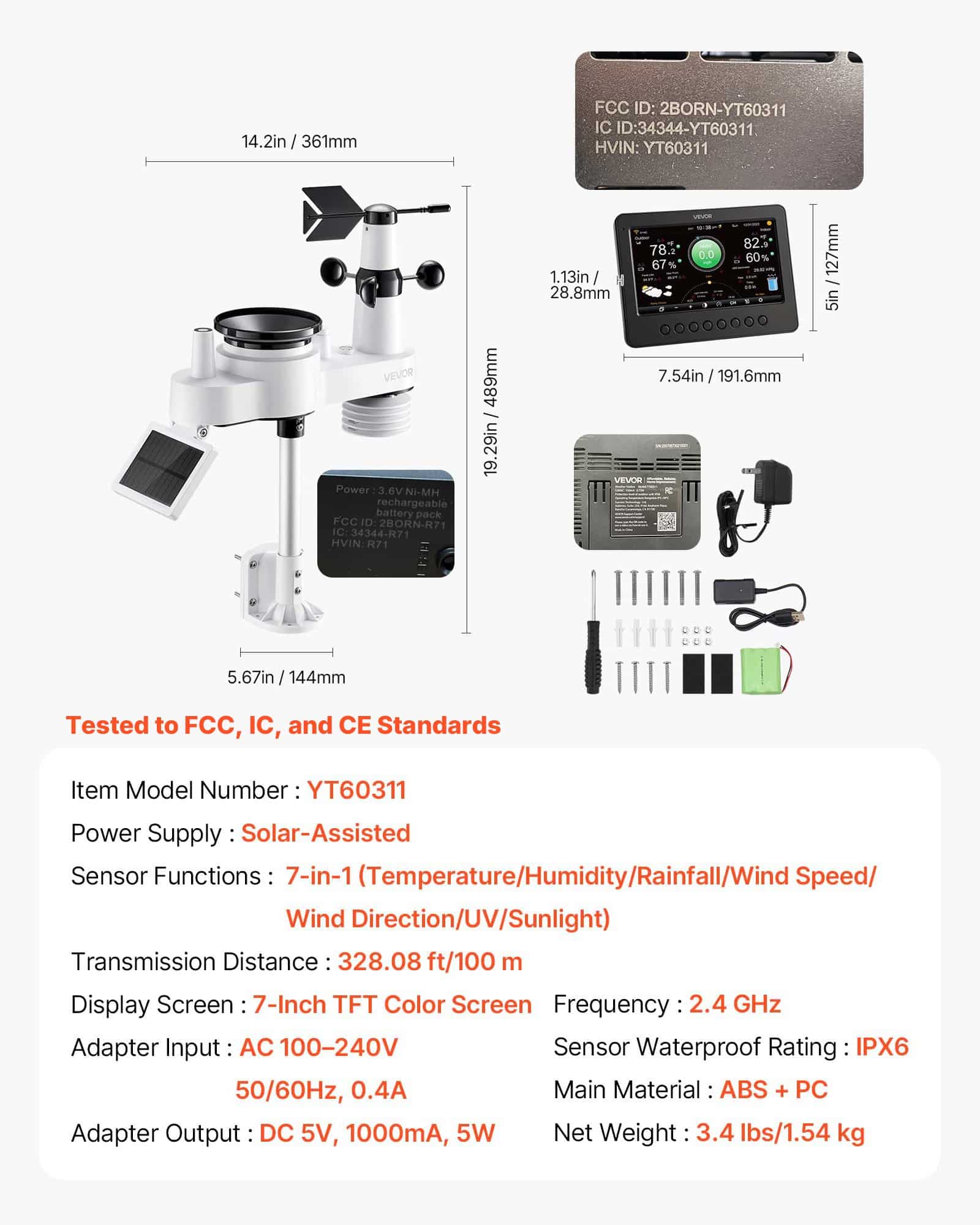 VEVOR 7-in-1 Wi-Fi Weather Station with 178 mm TFT Display, Solar Wireless Sensor, Rain Gauge, Indoor/Outdoor Forecast - Зображення 6
