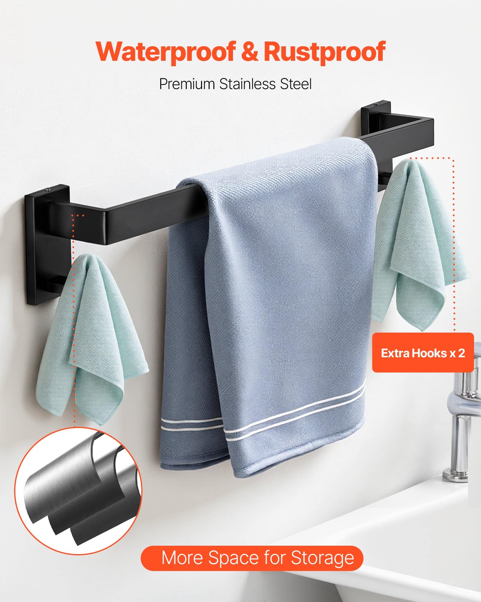 VEVOR 5-Piece Matte Black Stainless Steel Bathroom Set – 60 cm Towel Bar, Rack, 2 Hooks & Toilet Paper Holder, Wall Mounted - Зображення 3