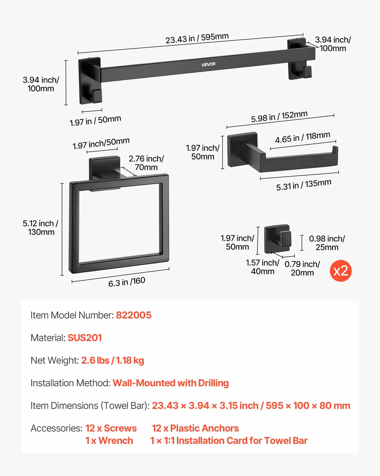 VEVOR 5-Piece Matte Black Stainless Steel Bathroom Set – 60 cm Towel Bar, Rack, 2 Hooks & Toilet Paper Holder, Wall Mounted - Зображення 7