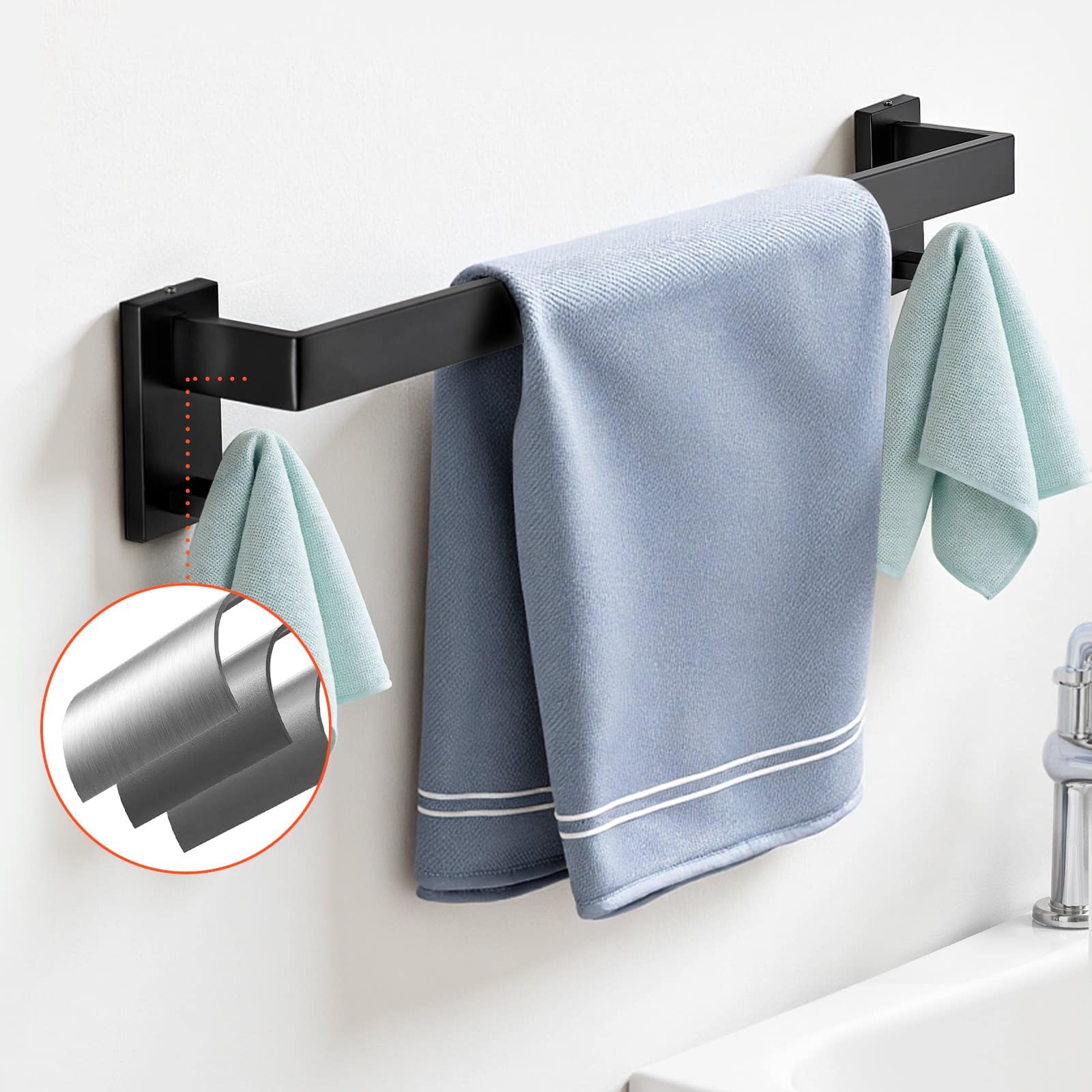 VEVOR 5-Piece Matte Black Stainless Steel Bathroom Set – 60 cm Towel Bar, Rack, 2 Hooks & Toilet Paper Holder, Wall Mounted - Зображення 8