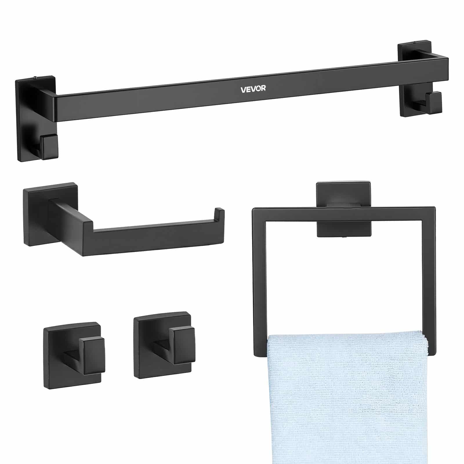VEVOR 5-Piece Matte Black Stainless Steel Bathroom Set – 60 cm Towel Bar, Rack, 2 Hooks & Toilet Paper Holder, Wall Mounted
