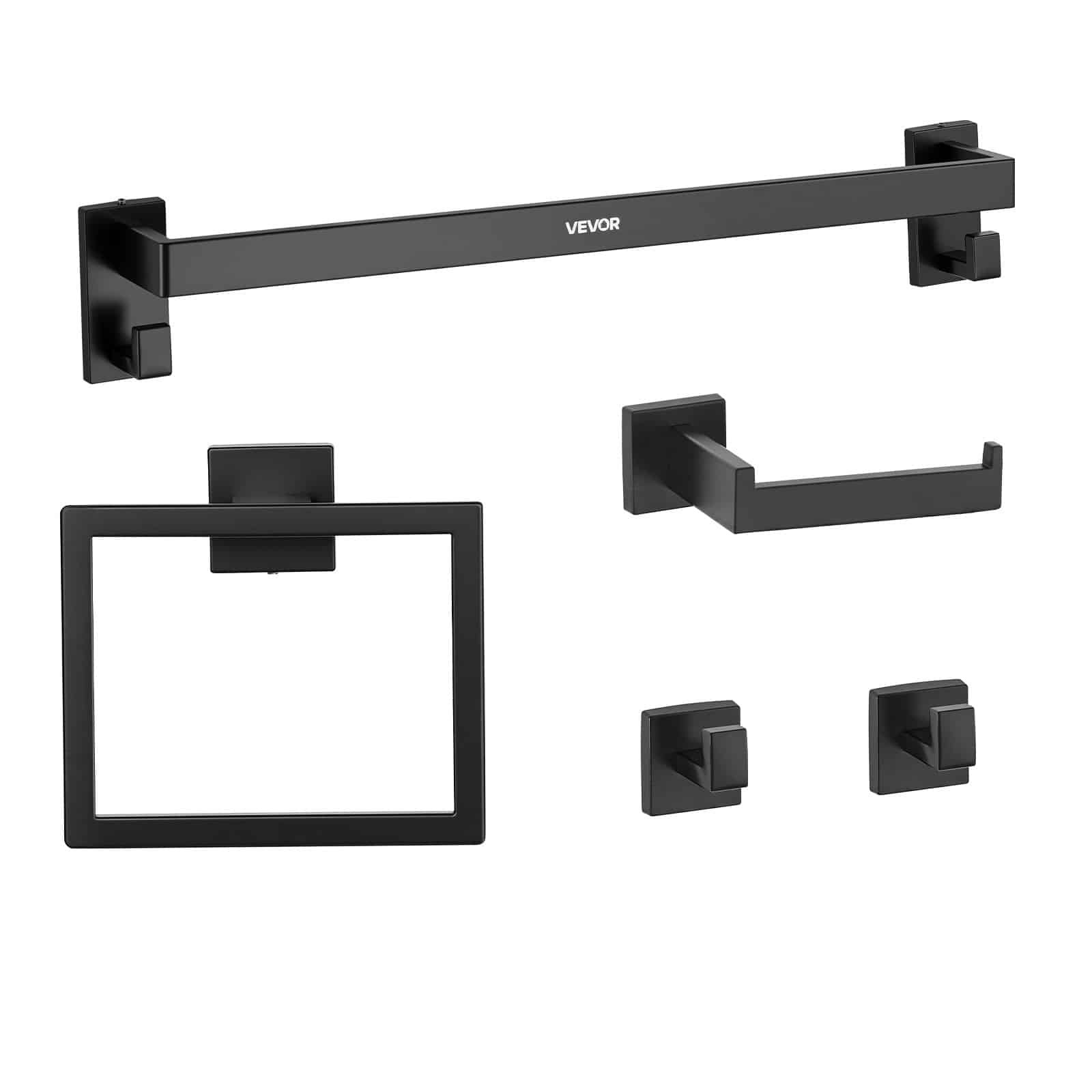 VEVOR 5-Piece Matte Black Stainless Steel Bathroom Set – 60 cm Towel Bar, Rack, 2 Hooks & Toilet Paper Holder, Wall Mounted - Зображення 10