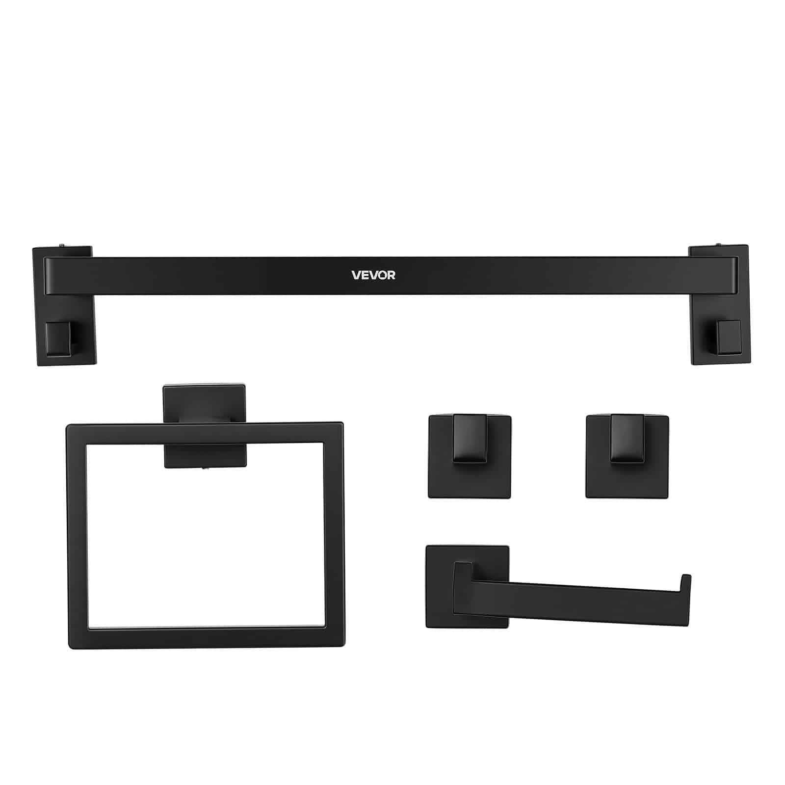 VEVOR 5-Piece Matte Black Stainless Steel Bathroom Set – 60 cm Towel Bar, Rack, 2 Hooks & Toilet Paper Holder, Wall Mounted - Зображення 12