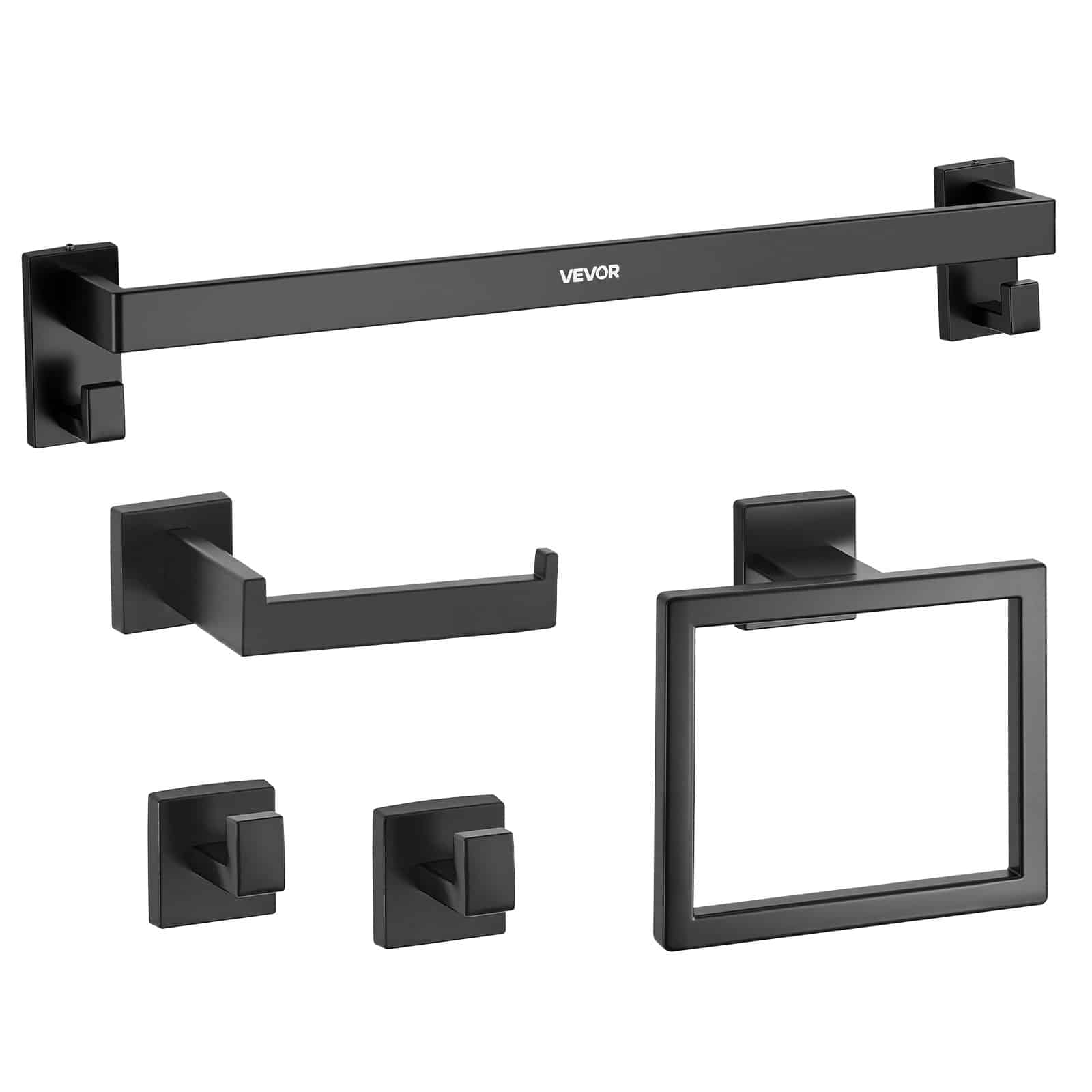 VEVOR 5-Piece Matte Black Stainless Steel Bathroom Set – 60 cm Towel Bar, Rack, 2 Hooks & Toilet Paper Holder, Wall Mounted - Зображення 9