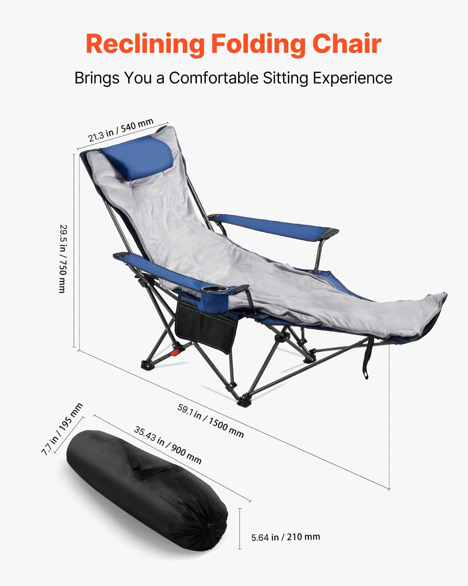 VEVOR Reclining Camping Chair with Footrest, 4-Position Adjustable, Folding Mesh Lounger with Cushion, 100 kg Capacity, Blue — attēls 2