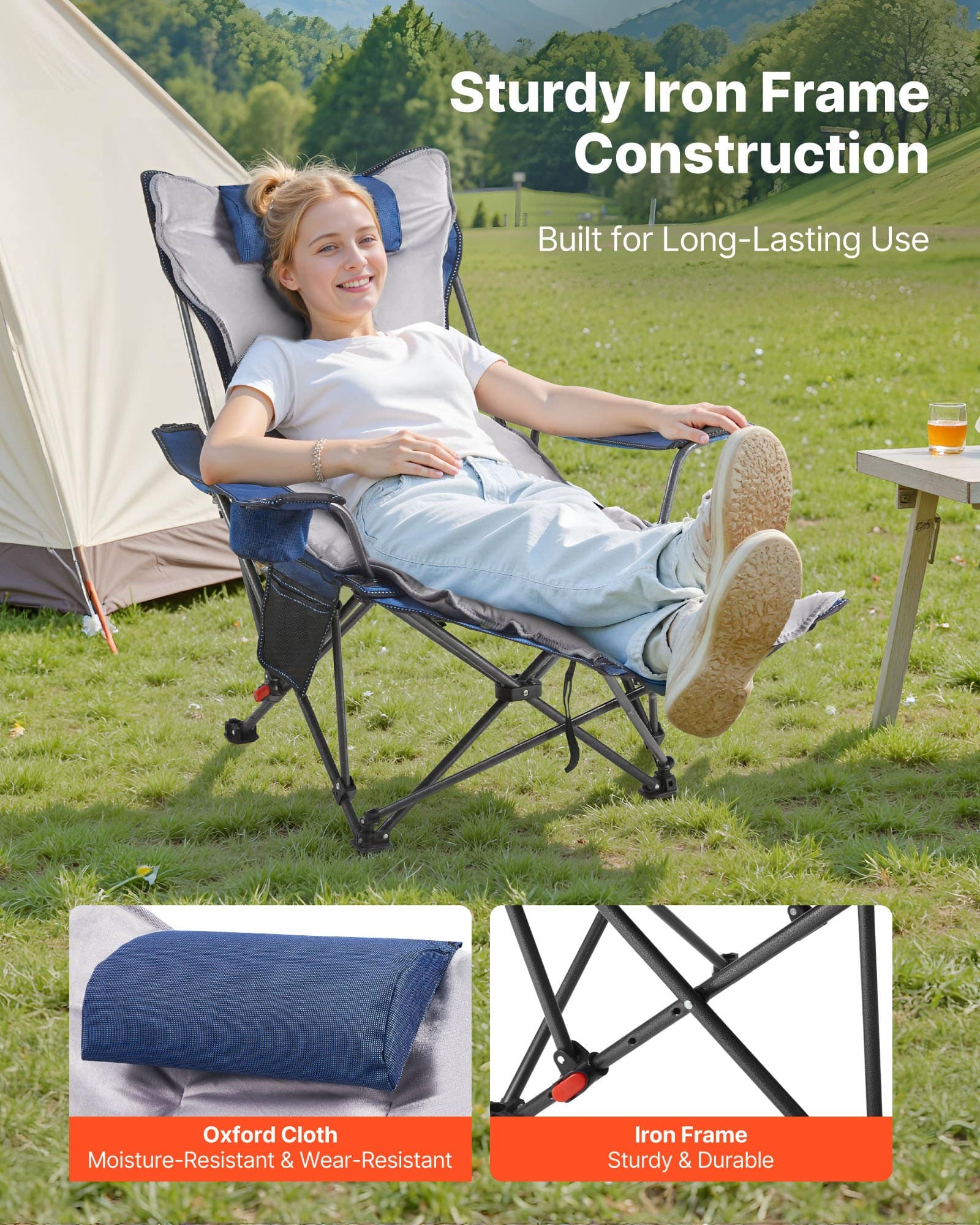 VEVOR Reclining Camping Chair with Footrest, 4-Position Adjustable, Folding Mesh Lounger with Cushion, 100 kg Capacity, Blue — attēls 3